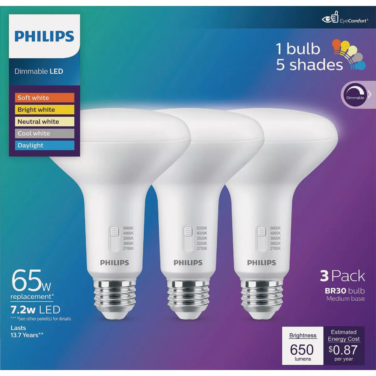 Philips 65W Equivalent 5CCT BR30 Medium Dimmable LED Floodlight Light Bulb (3-Pack)