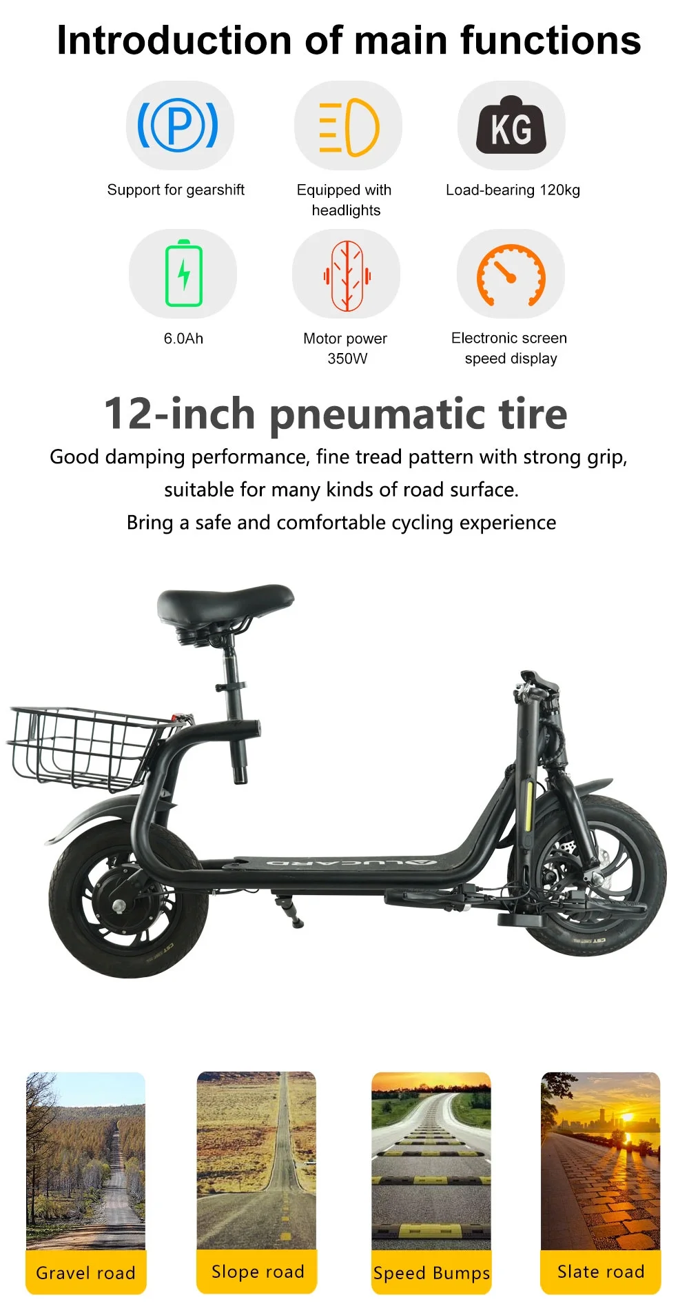 Electric Scooter Adult with Seat, 12 inch Tires 350W Motor Foldable E-Bicycle with Basket Dual Disc Brakes - Image 5