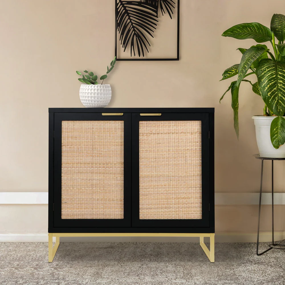 Eumyviv Modern Accent Sideboards Cabinets with 2 Rattan Doors, Mid-Century Buffets Storage Credenzas for Bedroom Living Room,Black,H0046 - Image 7