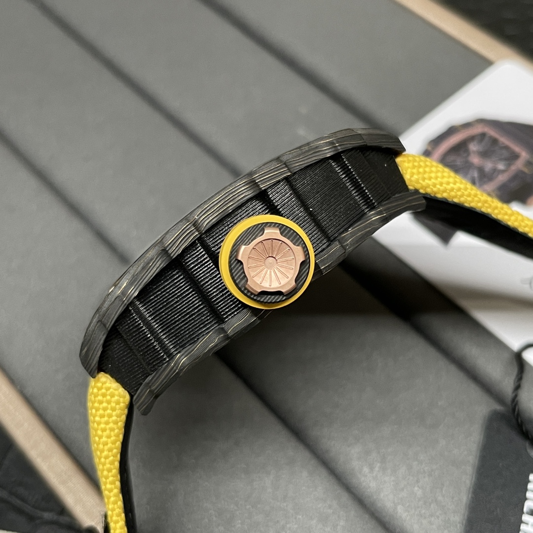 Swiss Replica Richard Mille RM 12-01 Tourbillon Watch �C Bold Yellow Fabric Strap, Carbon Fiber Barrel Case, Skeleton Dial - Top club