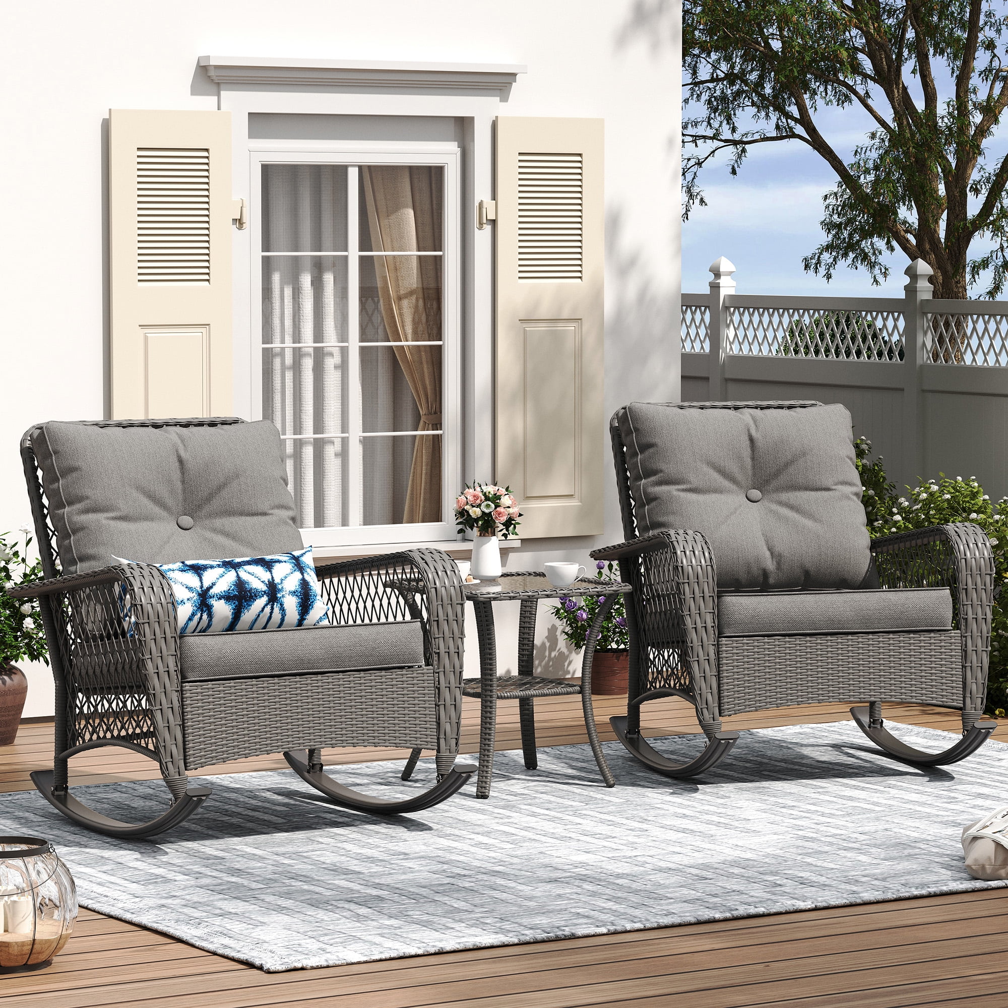 ELPOSUN 3-Piece Outdoor Rocking Chairs, Wicker Patio Furniture with Thickened Cushions and Table for Porch - Image 27