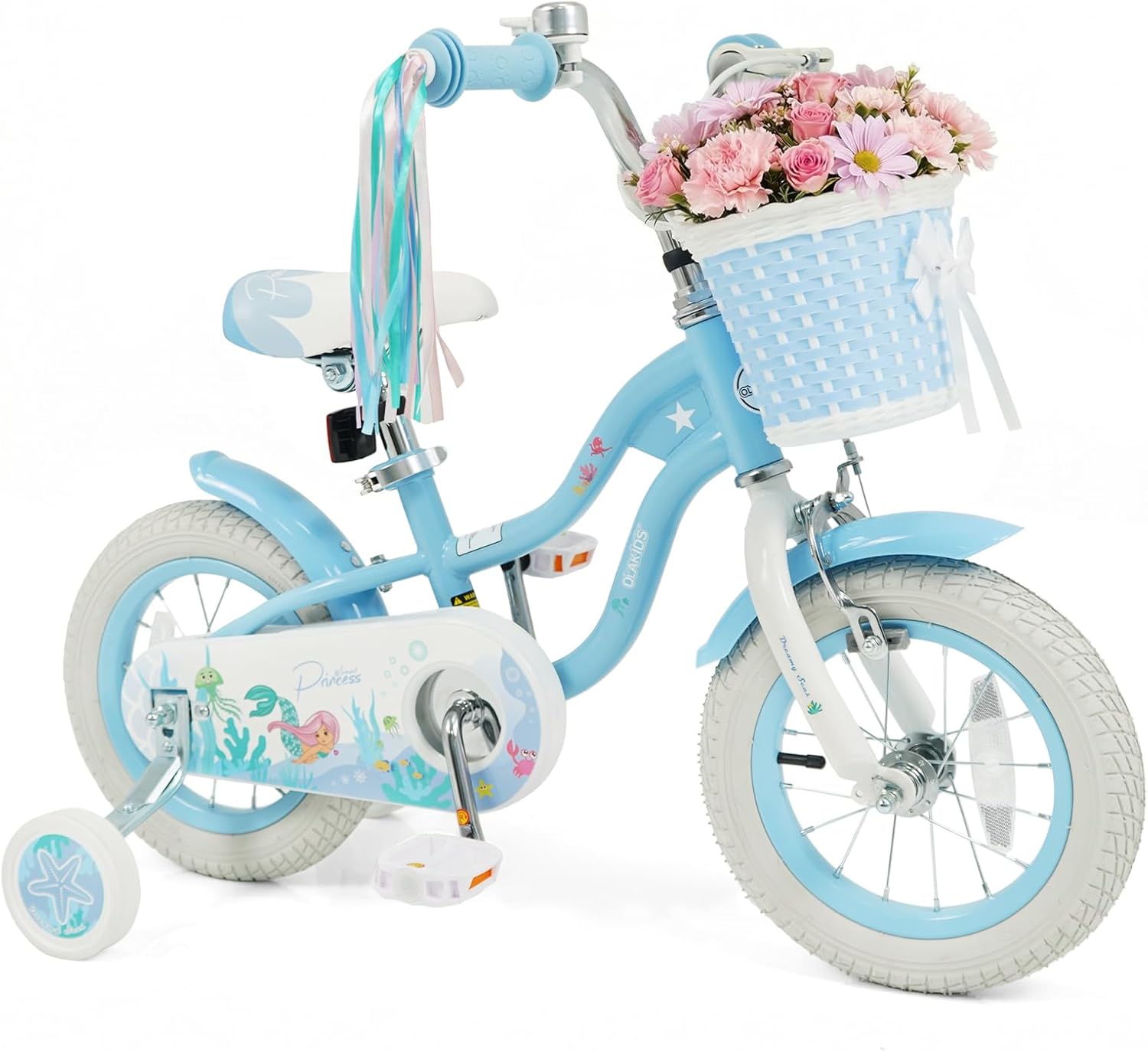 Olakids Kids Bike, 12 14 16 18 20 Inch Mermaid Theme Girls Bicycle with Training Wheels Basket Adjustable Seat and Handlebar Dual Brake