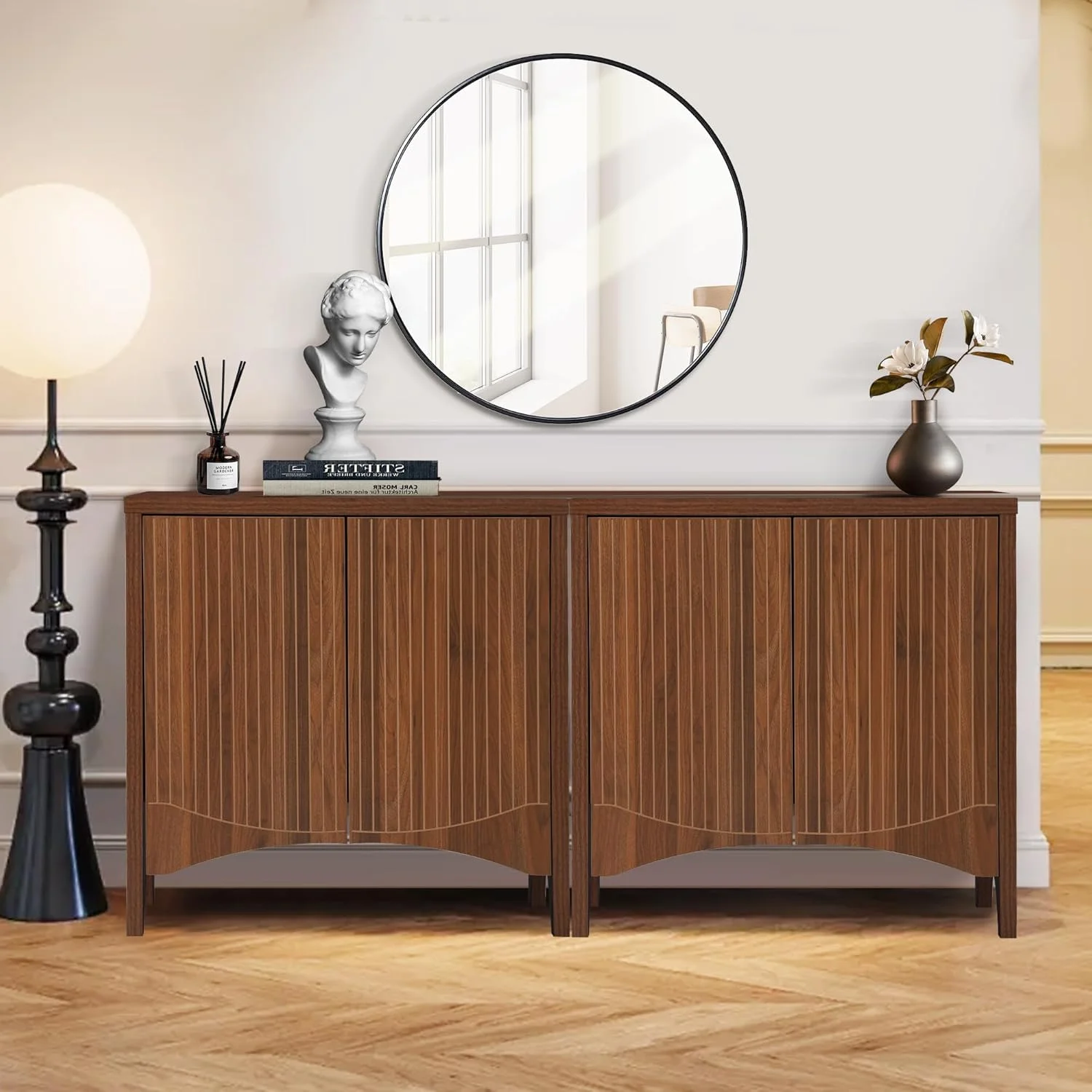 LEFHDA 2PCS Buffet Cabinet, Sideboard Cabinet with Storage, Accent Storage Cabinet with Carved Arc Door Design for Kitchen Dining Room, 2 Doors Buffet Cabinet with Adjustable Shelves - Image 12