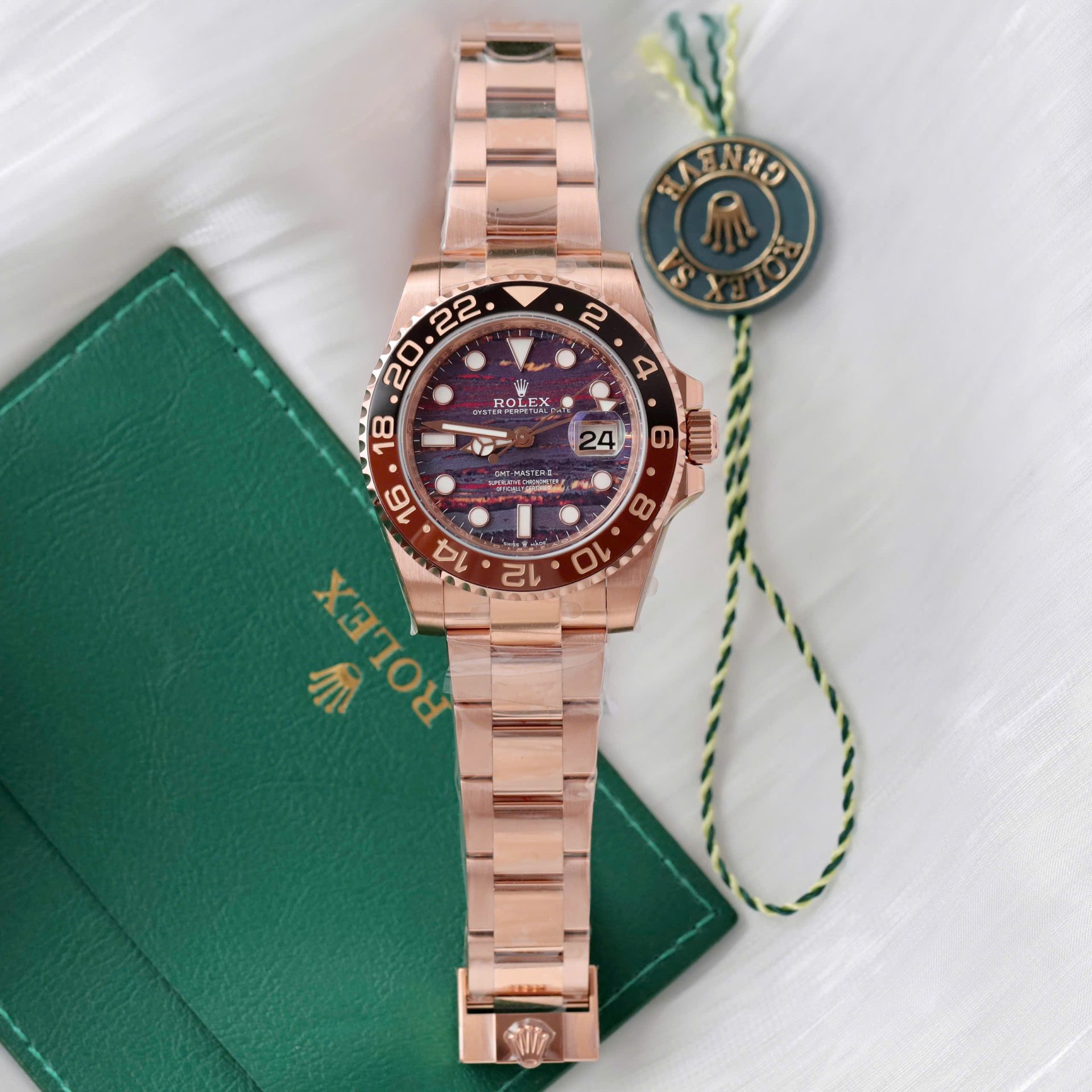 Rolex GMT-Master II 126715CHNR Replica Watch Rose Gold Tiger Eye Stone Dial 40mm - Elite Watch Atelier