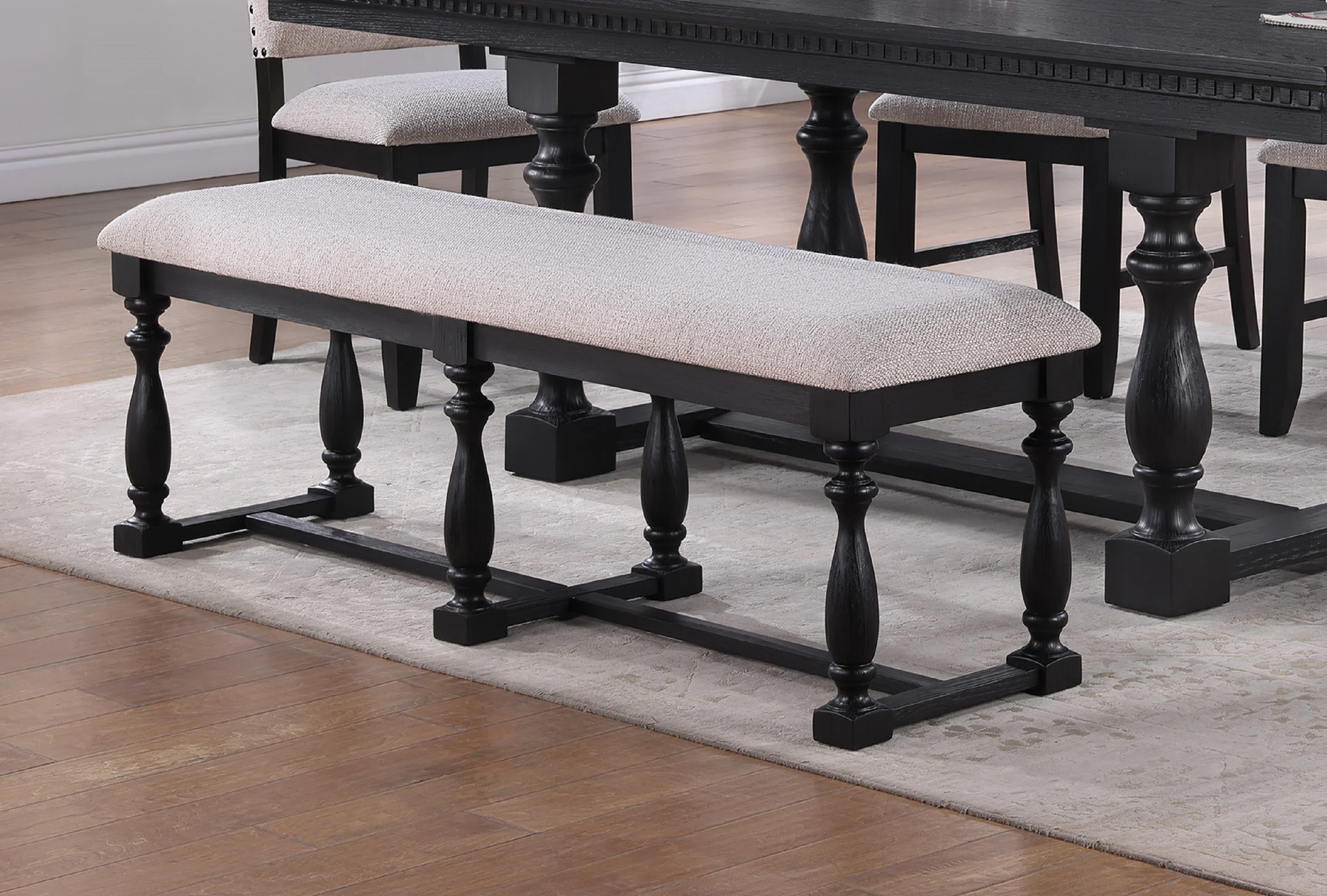 Charcoal Black Dining Bench, 60 Inch Transitional Style Wooden Bench with Cushion Seat, Solid Wood & Upholstered Cream Backrest, for Dining Room, Kitchen, Entryway