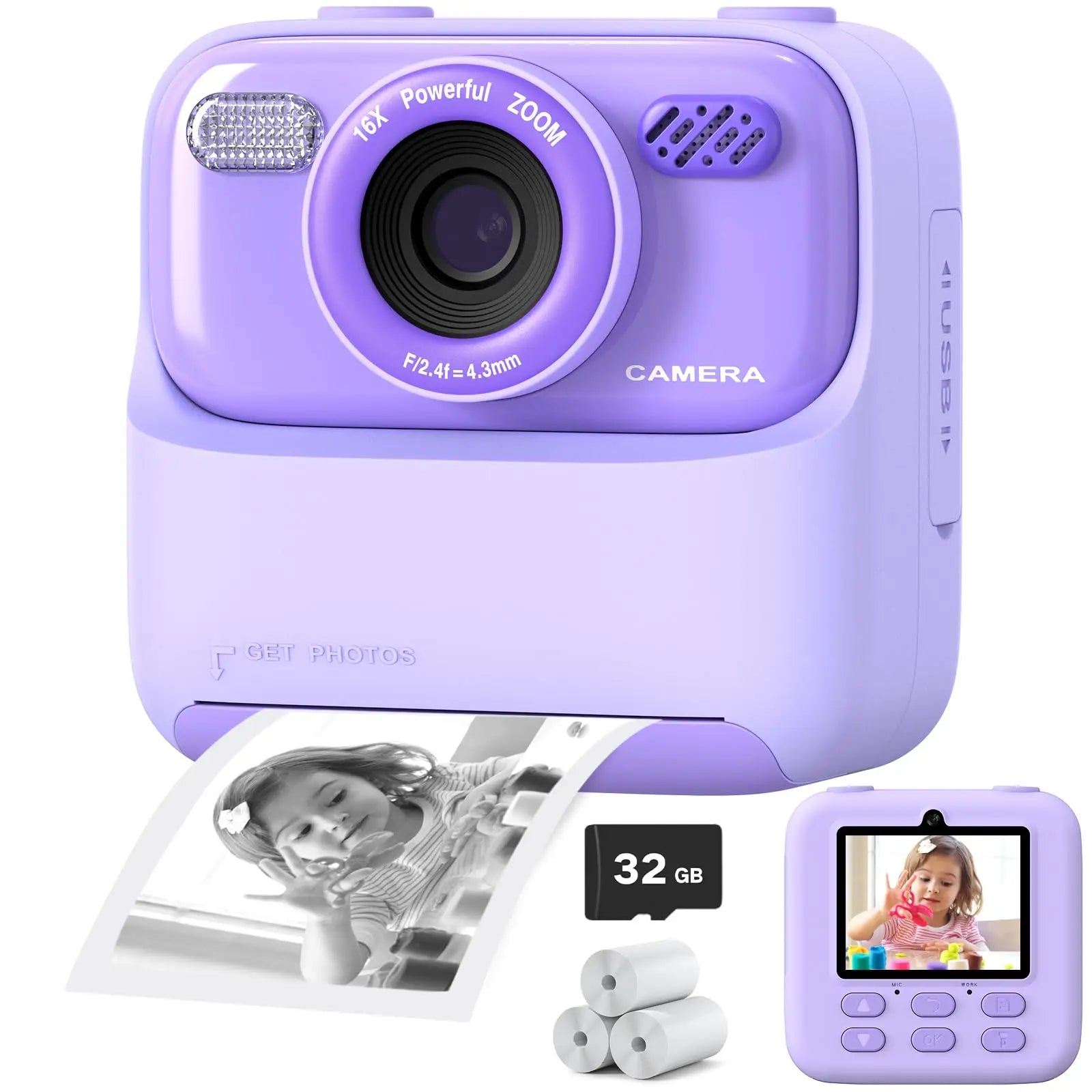 Kleurrijke Kindercamera met HD Selfie en 32 GB Geheugen – Direct Afdrukken en Creatieve Functies voor Kinderen