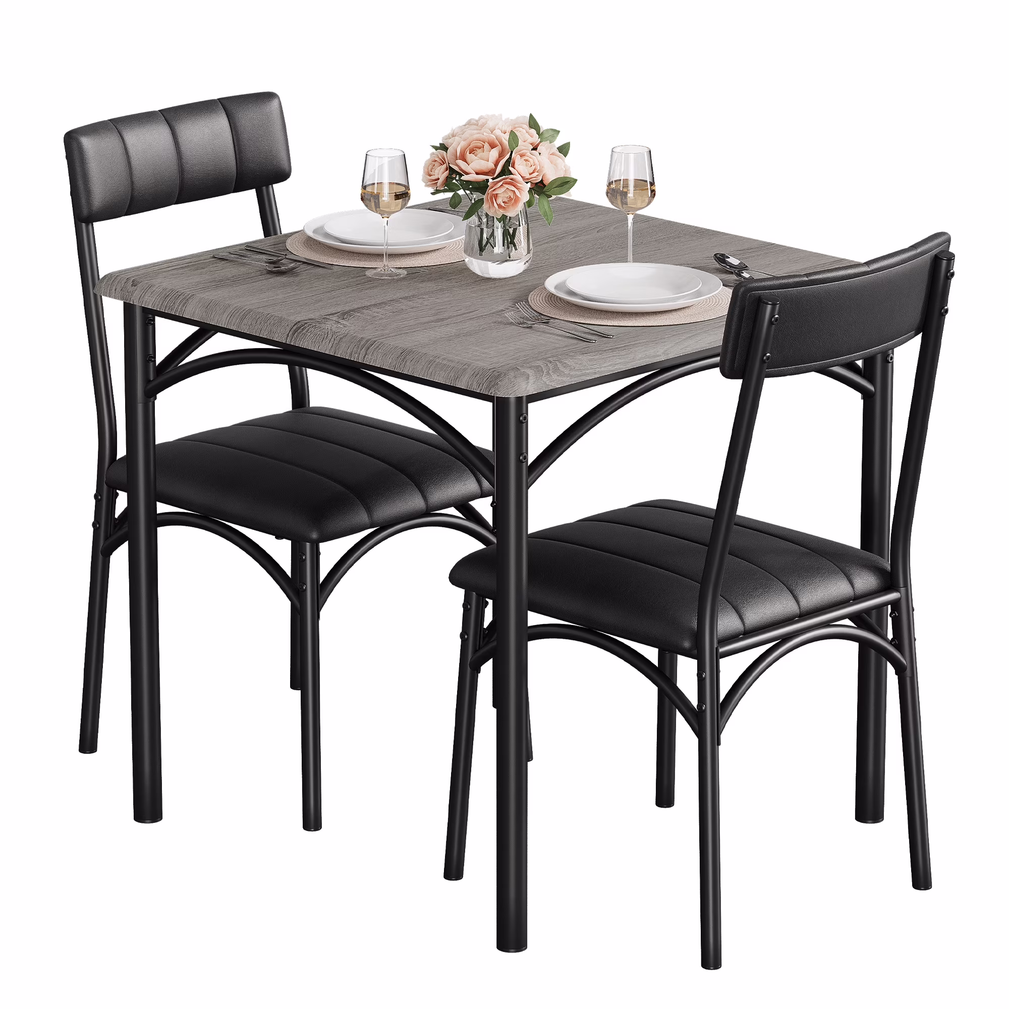 3 Piece Dining Table Set, Modern Industrial Table and Chairs Set for Home Kitchen, Kitchen Table Set for Small Space, Apartment, Rustic Gray