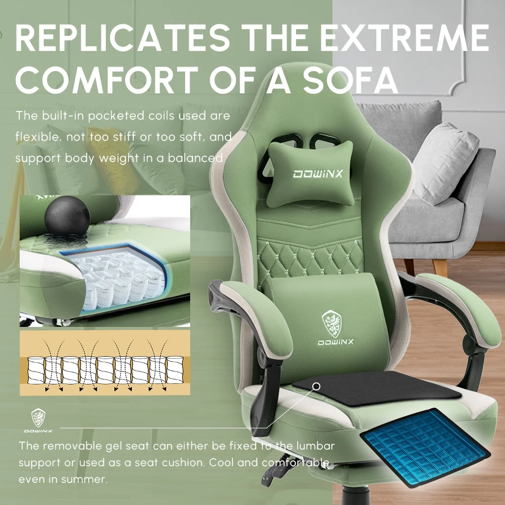 Dowinx Gaming Chair with Pocket Spring Cushion, Breathable Fabric Computer Chair with Gel Pad, Comfortable Office Chair with Storage Bag, Massage Game Chair with Footrest, Green - Image 6
