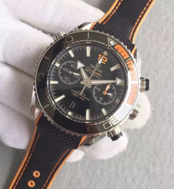 Replica Omega Planet Ocean Master Chronometer Chrono Black Dial Black Nylon Strap A9900 - Elite Watch Atelier