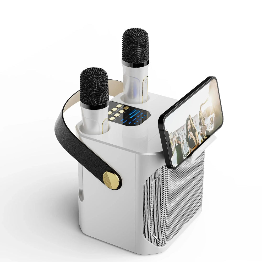 Draagbaar Karaoke Luidsprekersysteem met 360° Geluid en Twee Draadloze Microfoons – Ideaal voor Binnen- en Buitenevenementen