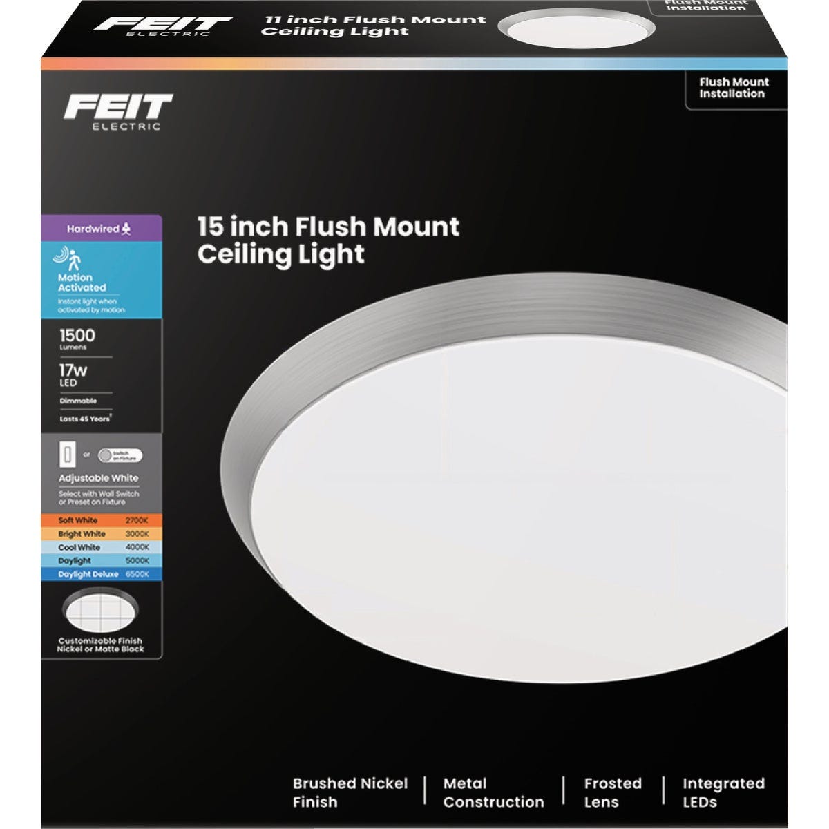 Feit 15 In. Brushed Nickel or Black LED Round CCT Disc Flush Mount Motion Ceiling Light Fixture