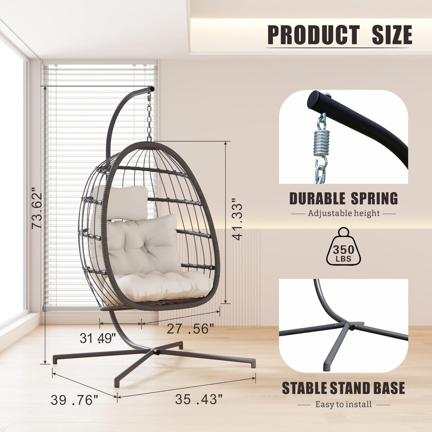 HWB Hanging Egg Chair with Stand, Swing Hammock Chair with Cushion for Indoor Outdoor, Patio Wicker Egg Swing Chair for Balcony Furniture, White