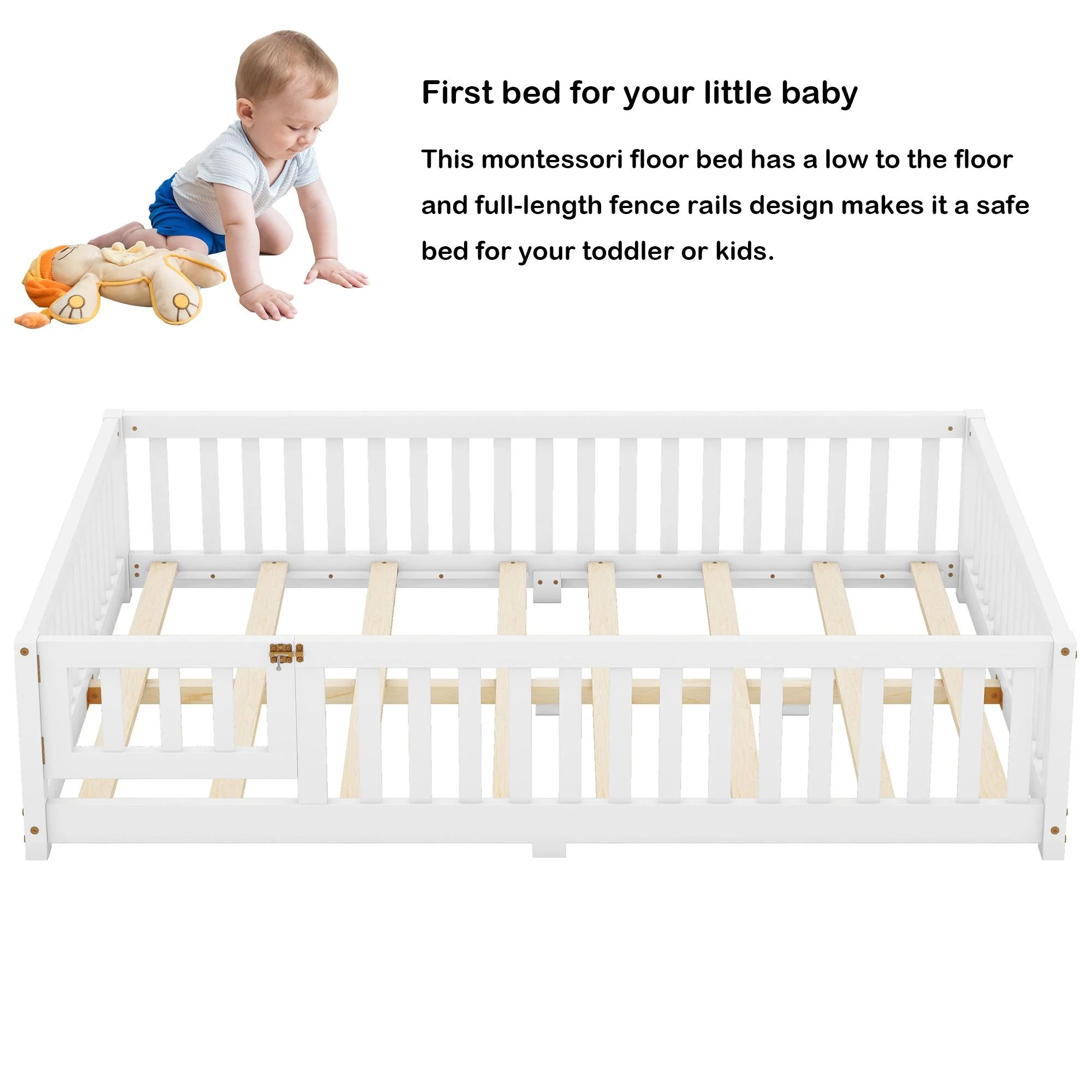 Bellemave Full Size Floor Bed with Door and Fence Floor Bed with Bed Slats Sturdy Wood Floor Bed Montessori Bed Frame (Full, Pink) - Image 36