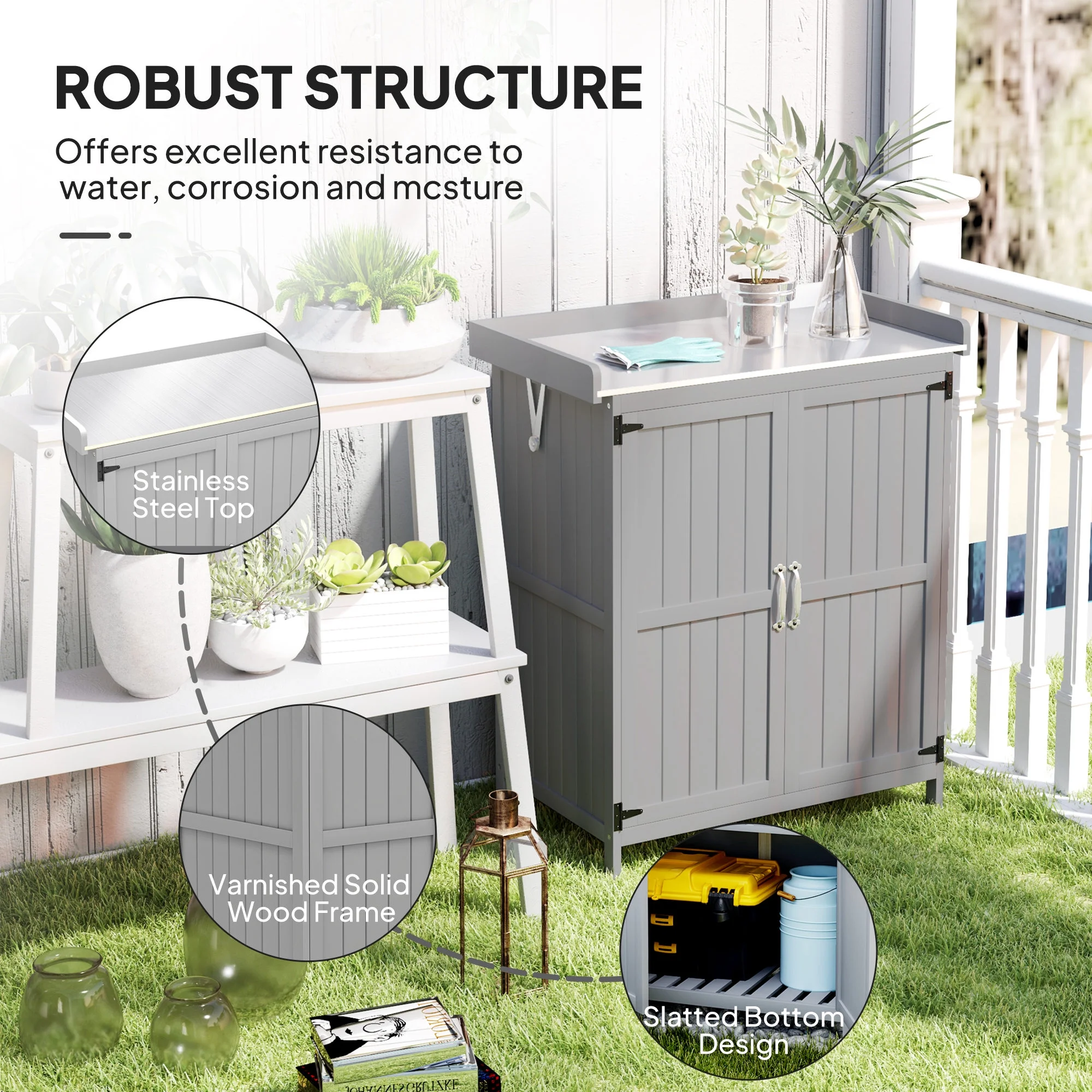 Outsunny Outdoor Garden Shed, Wooden Backyard Shed with Metal Tabletop, Shelf and 2 Doors for Patio, Lawn, Gray - Image 7