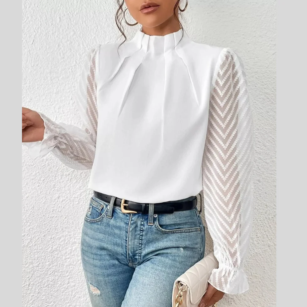 Mock Neck Sheer Lace Sleeve Blouse - ZKZOOK