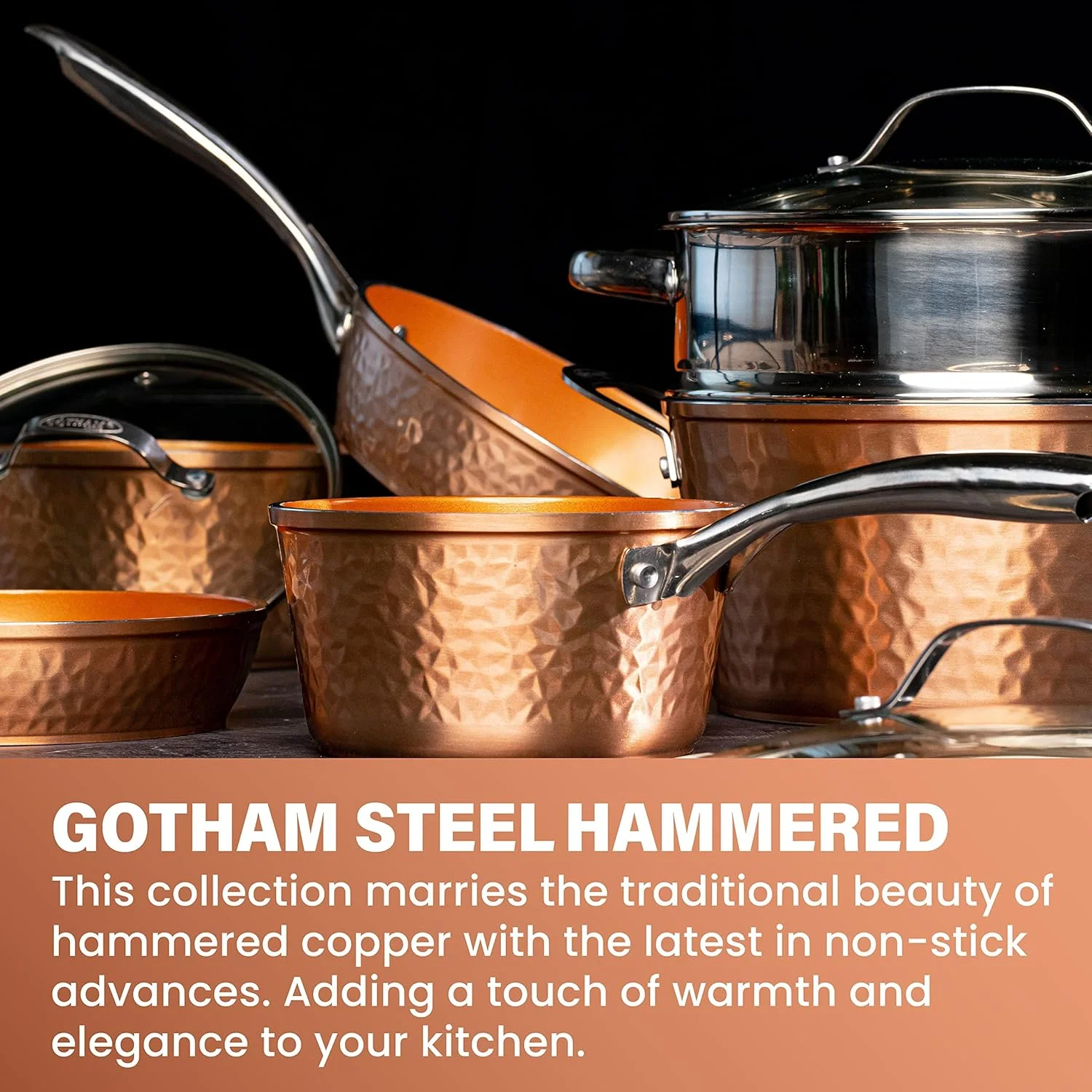 Gotham Steel Hammered 20 Pc Ceramic Cookware Set Nonstick, Induction Pots and Pans Set, Non Toxic Cookware Sets, Oven & Dishwasher Safe - Copper - Image 9