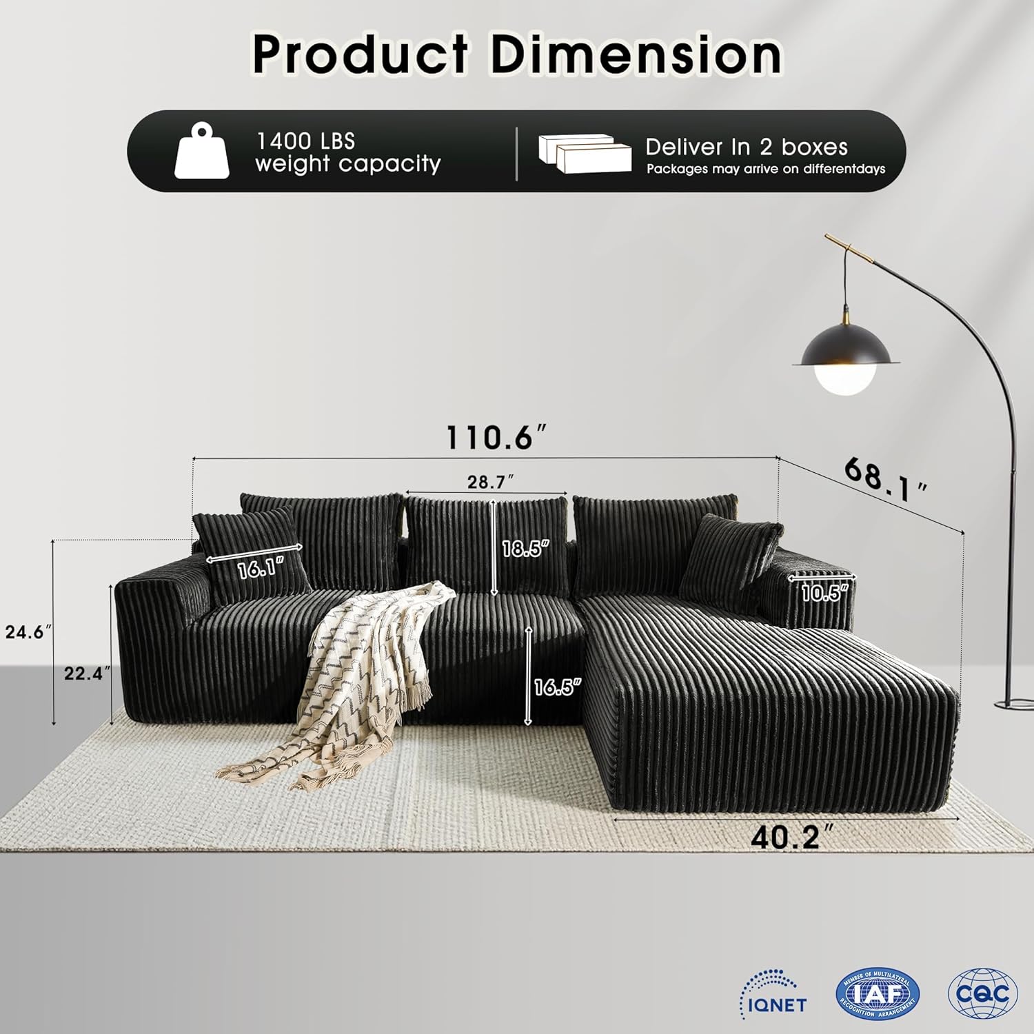 WorthFurni Cloud Modular Sofa Couch with L-Shape Chaise,Modern Sectional with Deep Seat, Upholstered Couches for Living Room Bedroom,No Assembly Required, Plush Corduroy Fabric 110.4