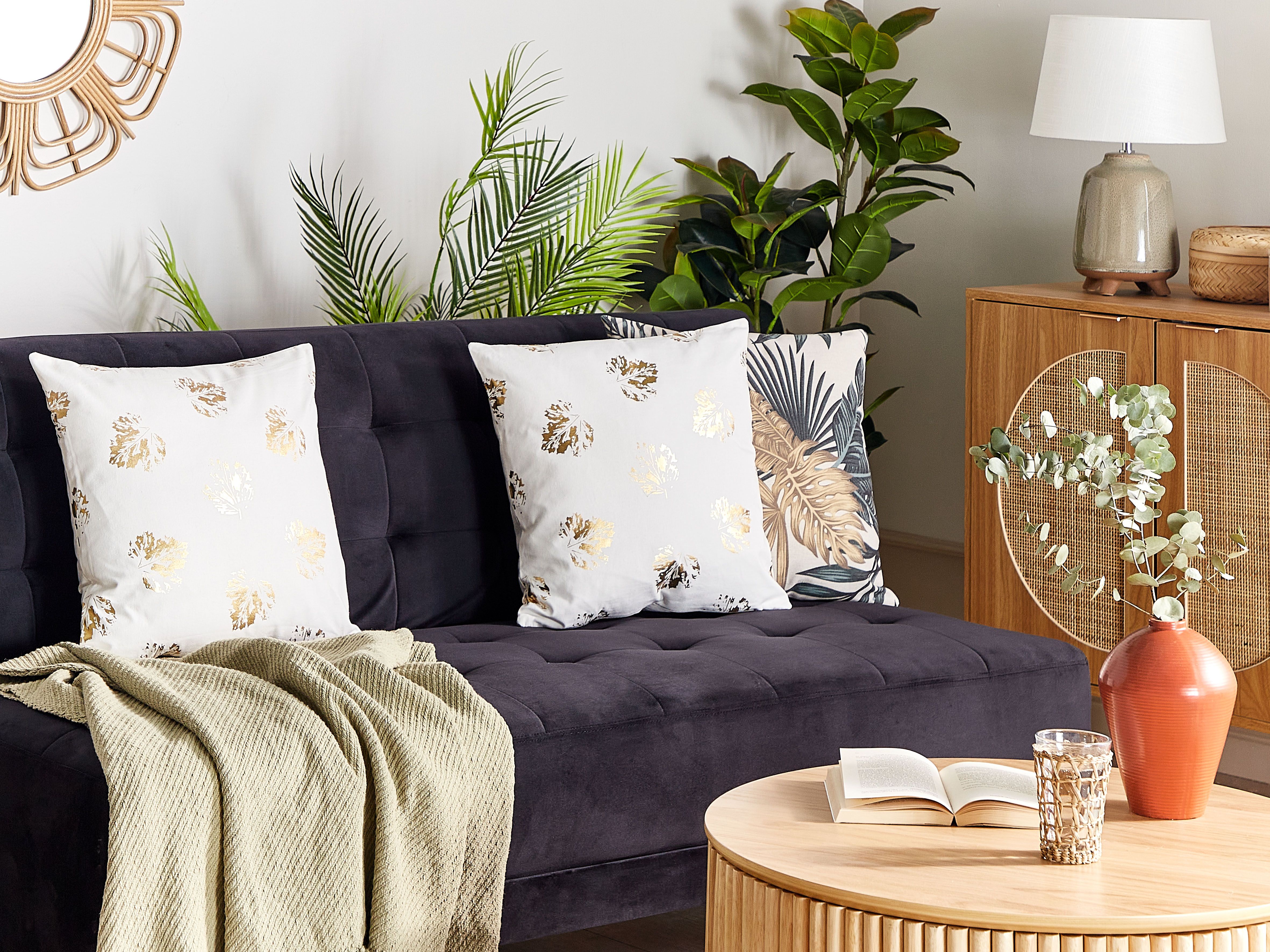 Set of 2 Decorative Cushions GOLDENROD Velvet 45 x 45 cm White Plant Pattern