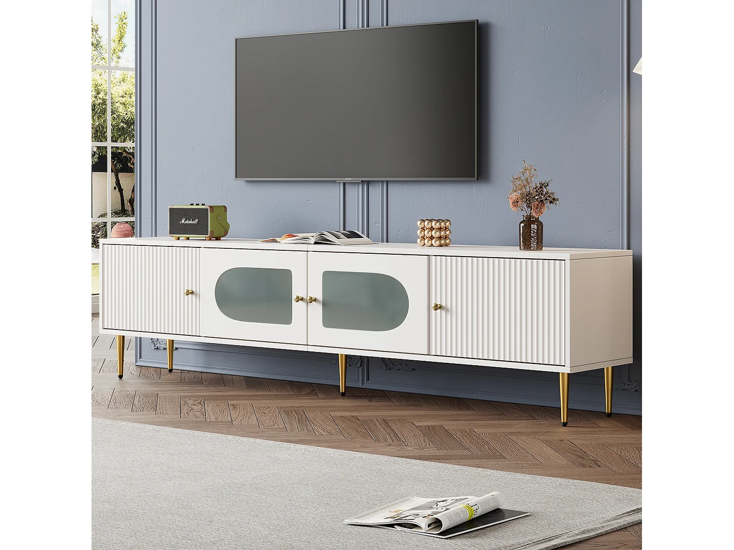 Meuble TV avec 2 portes en rayures et 2 portes en verre  - 170 x 35 x 50 cm - Panneau de particules - Blanc