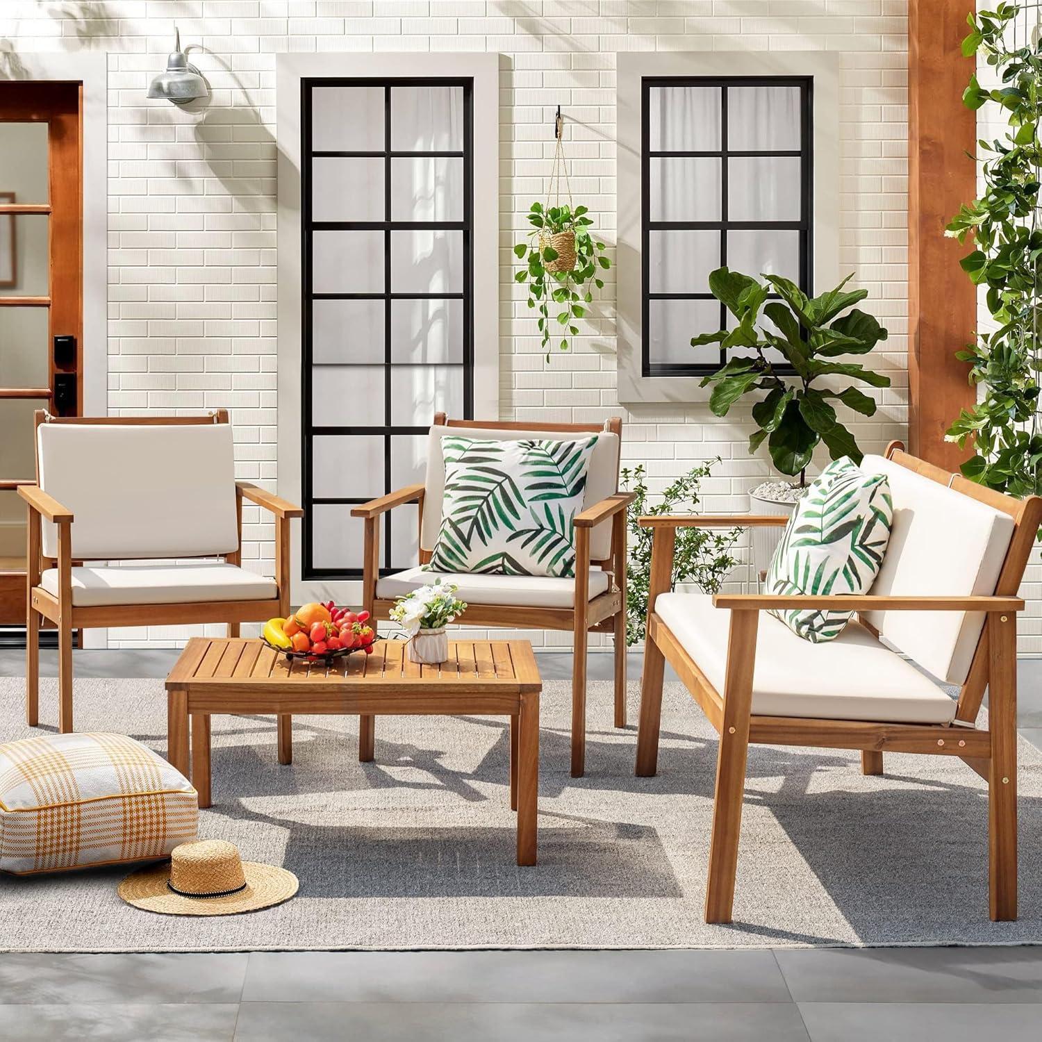 Flamaker 4-Piece Outdoor Acacia Wood Patio Conversation Sofa Set With Table And Cushions - Image 2 Flamaker 4-Piece Outdoor Acacia Wood Patio Conversation Sofa Set With Table And Cushions - Image 2