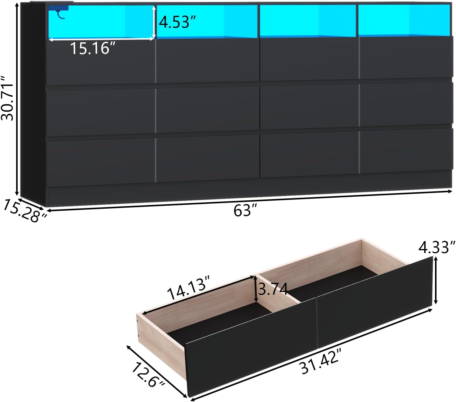 Loomie 12-Cell Divided Drawers Black Dresser with Charging Station & Led Lights for Bedroom, Long 63