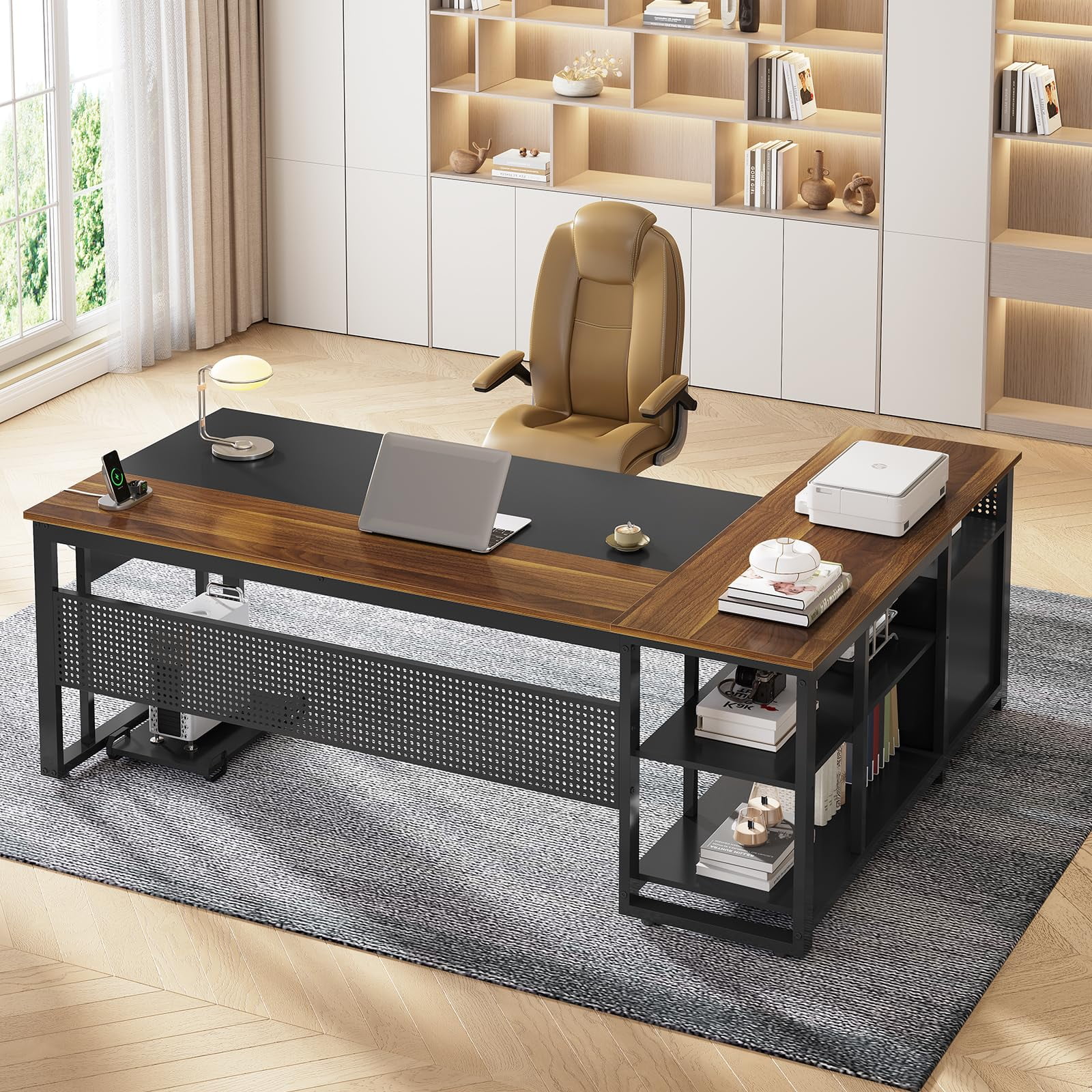 71" Executive Desk with Power Outlets, Modern L Shaped Office Desk with File Drawers and Pegboard, Large Computer Desk, Rustic Brown - Image 19