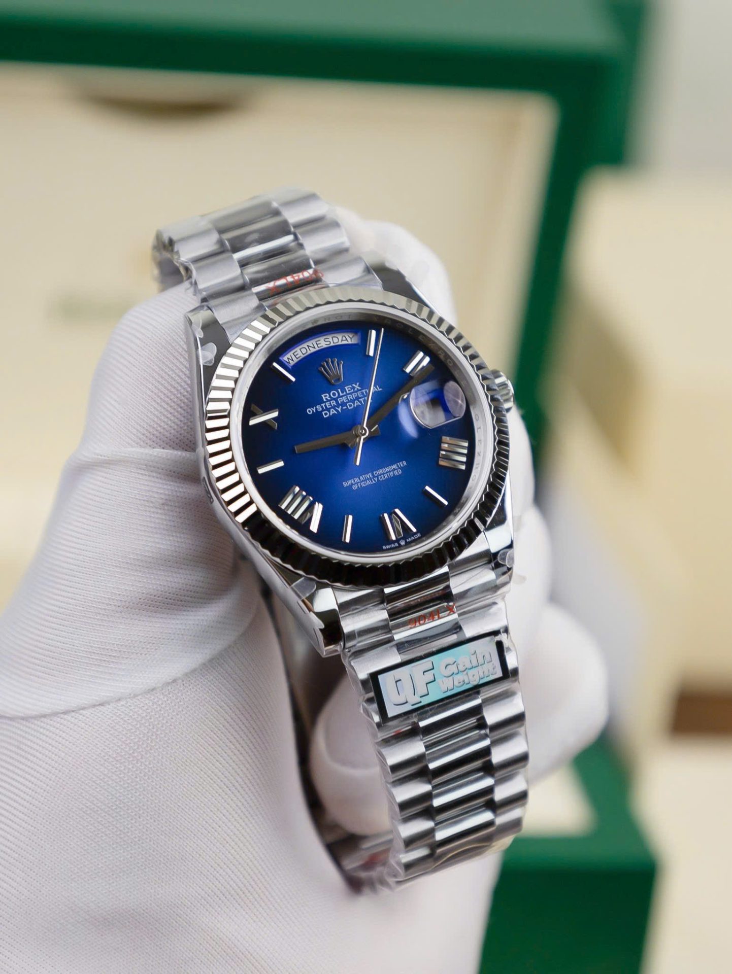 Rolex Day-Date 228239 Replica 11 Watch Dial Blue Ombre Weight 186 Grams QF 40mm - Elite Watch Atelier