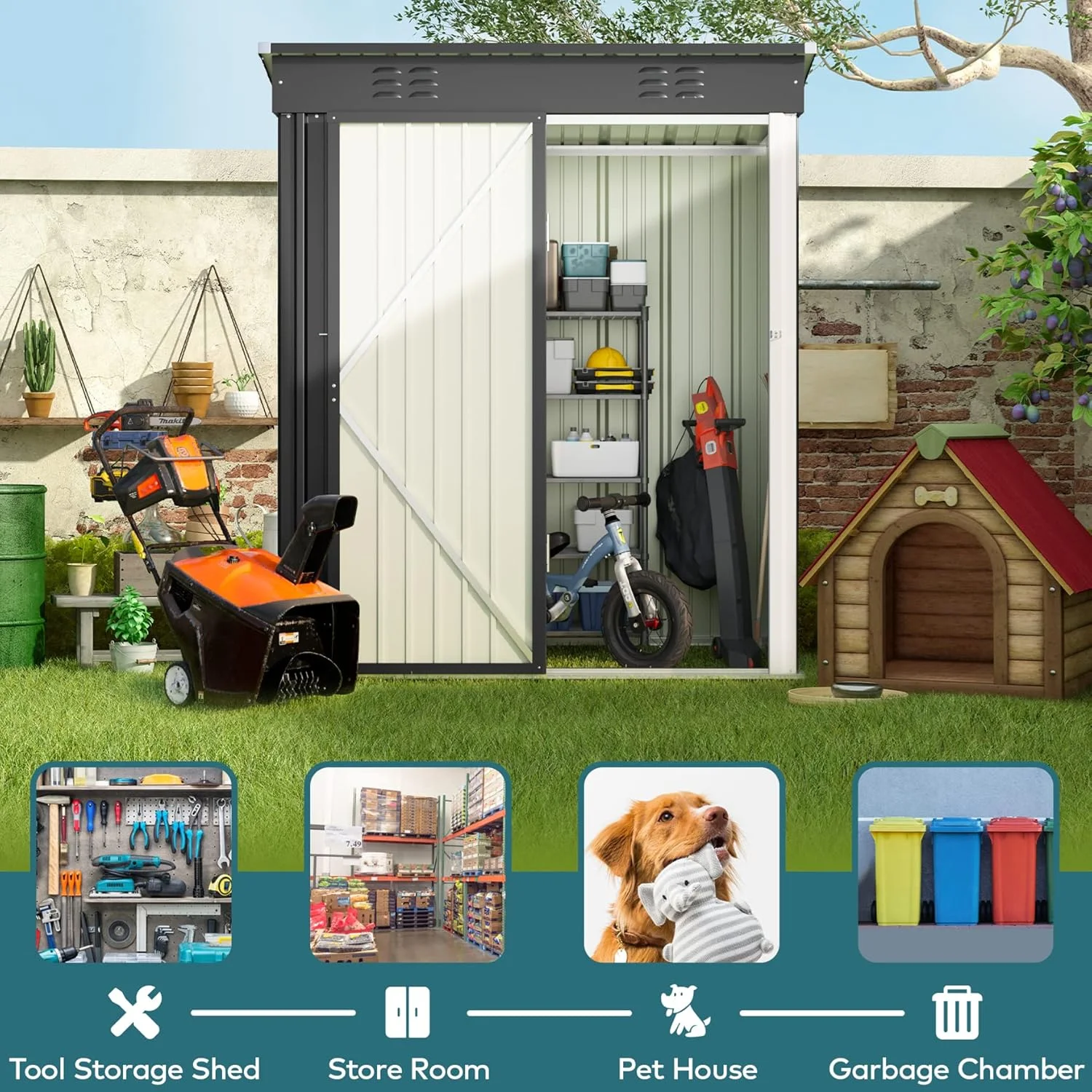 5'x3' Outdoor Storage Shed, Lofka Metal Storage Tool Shed with Single Lockable Door, for Bike| Garden Tools| Patio, Grey - Image 10