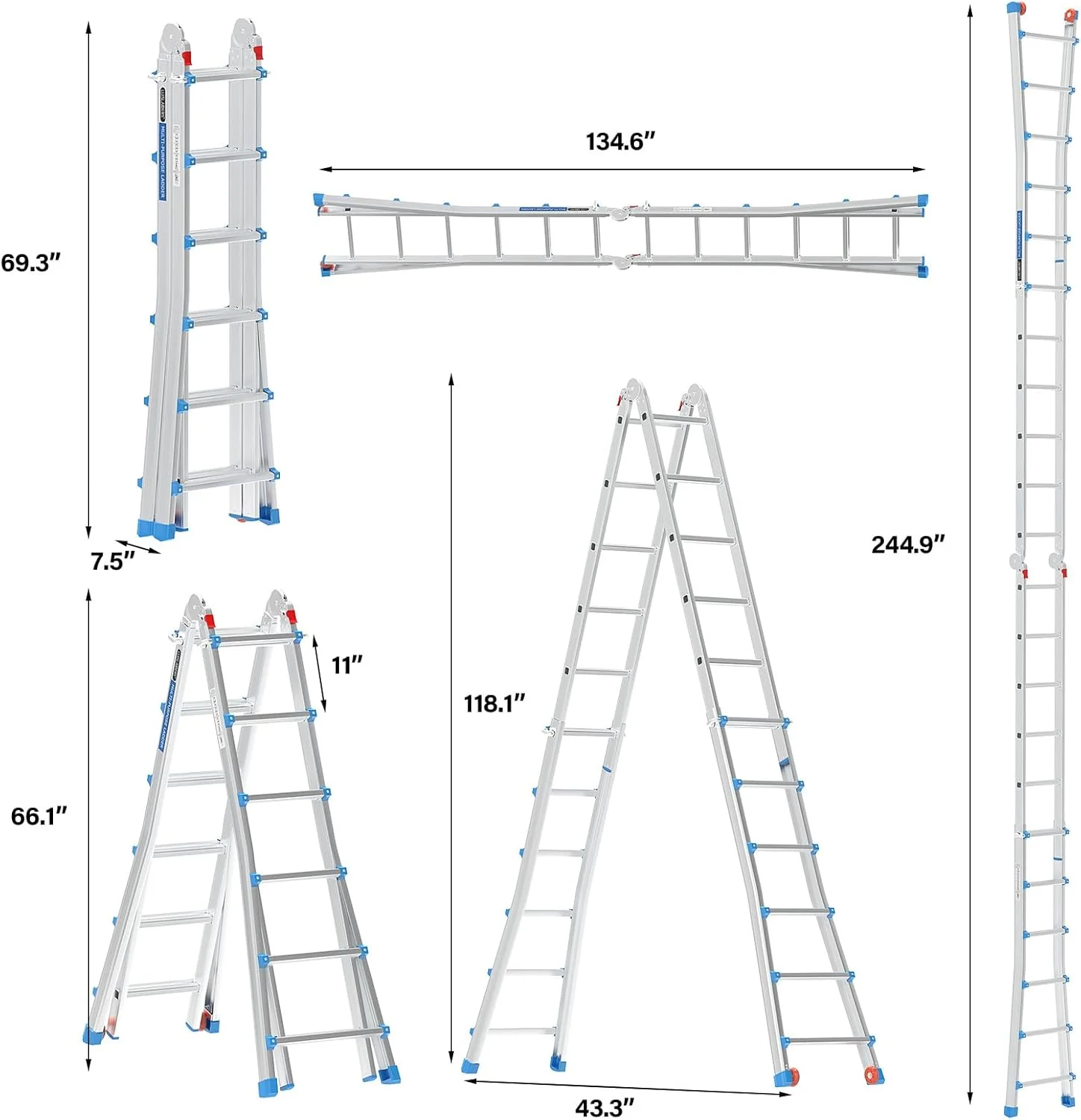 LUISLADDERS Ladder, A Frame 6 Step Ladder Telescoping Ladder, 22 Ft Reach Height Muti Position Folding Ladder Flared Leg & Wheels Design, 330 lbs Capacity Extension Ladder for Household Outdoor Work - Image 11