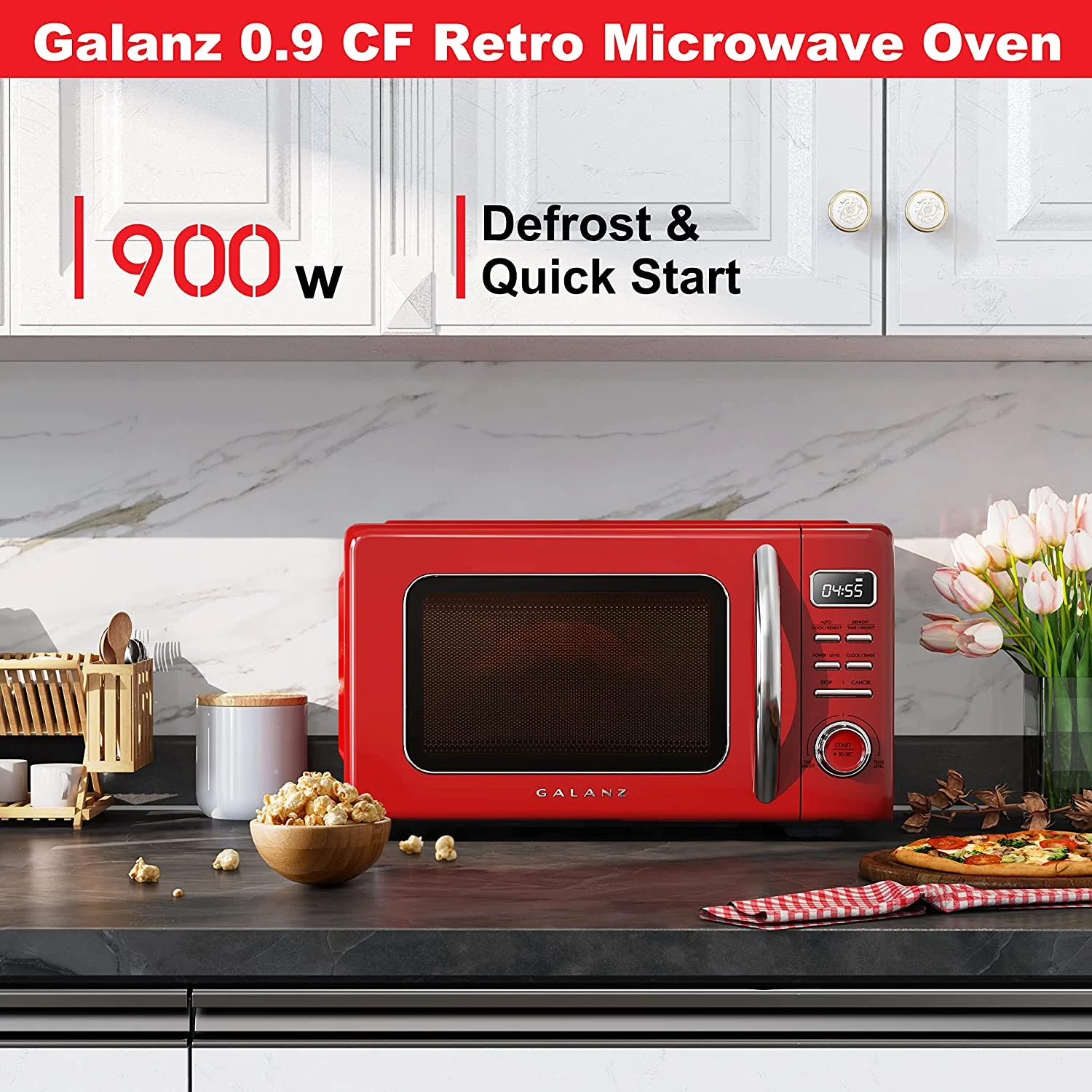 Galanz GLCMKZ09RDR09 Retro Countertop Microwave Oven with Auto Cook & Reheat, Defrost, Quick Start Functions, Easy Clean with Glass Turntable, Pull Handle, 0.9 cu ft, Red