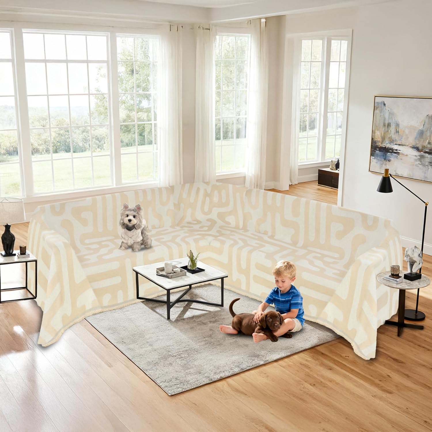 1OO% Waterproof Sectional Couch Covers for Dogs L Shaped Corner Sofa Cover Washable Chenille Sofa Slipcovers Blanket Modern Jacquard Pet Furniture Protector (91