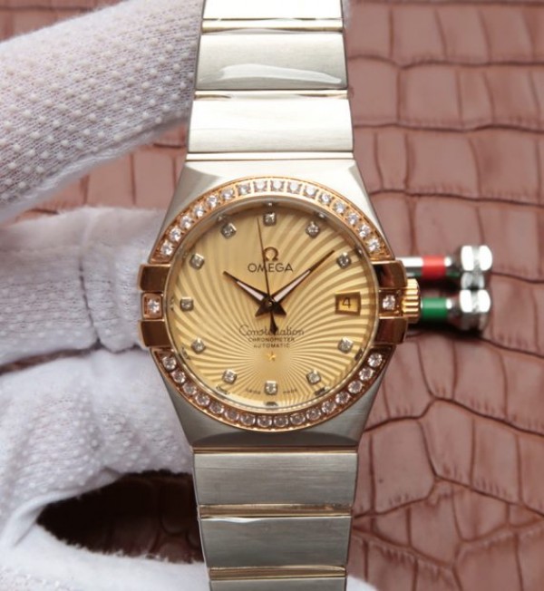 Replica Omega V6 Constellation 35mm Diamonds Bezel YG Textured Dial SS Bracelet A2500 - Top club