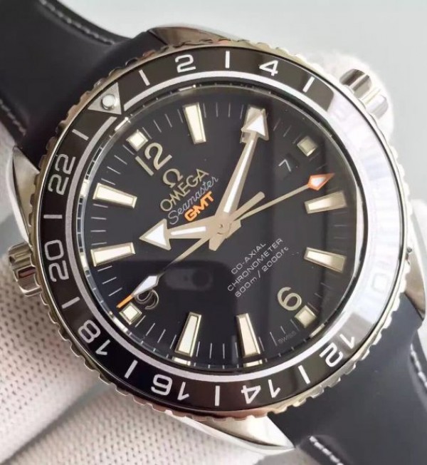 Replica Omega Planet Ocean SS GMT Black Dial Silver Markers Black Rubber Strap A8605 - Elite Watch Atelier