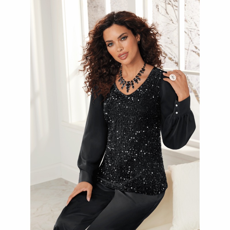 Ali That Glitters Women's Velour Top with Sequins and Balloon Sleeves - MIDNIGHT VELVET CATALOG
