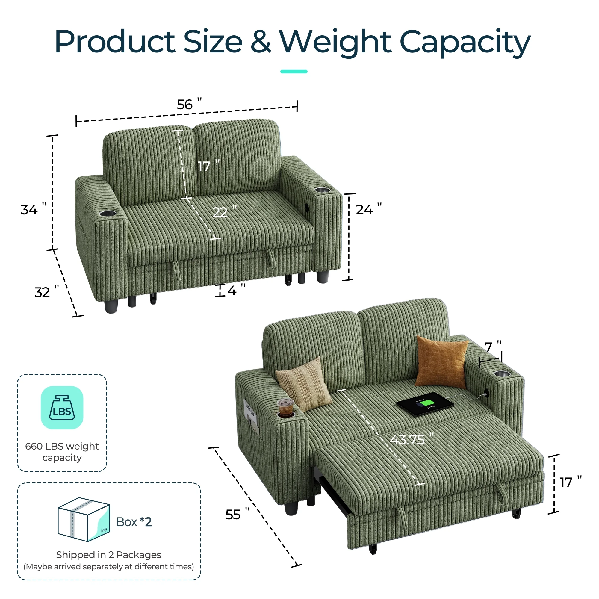Linsy Home Plush Corduroy Pull Out Couch Chaise Lounge, Convertible Loveseat Sofa Couch With Usb & Cup Holder, Green - Image 2