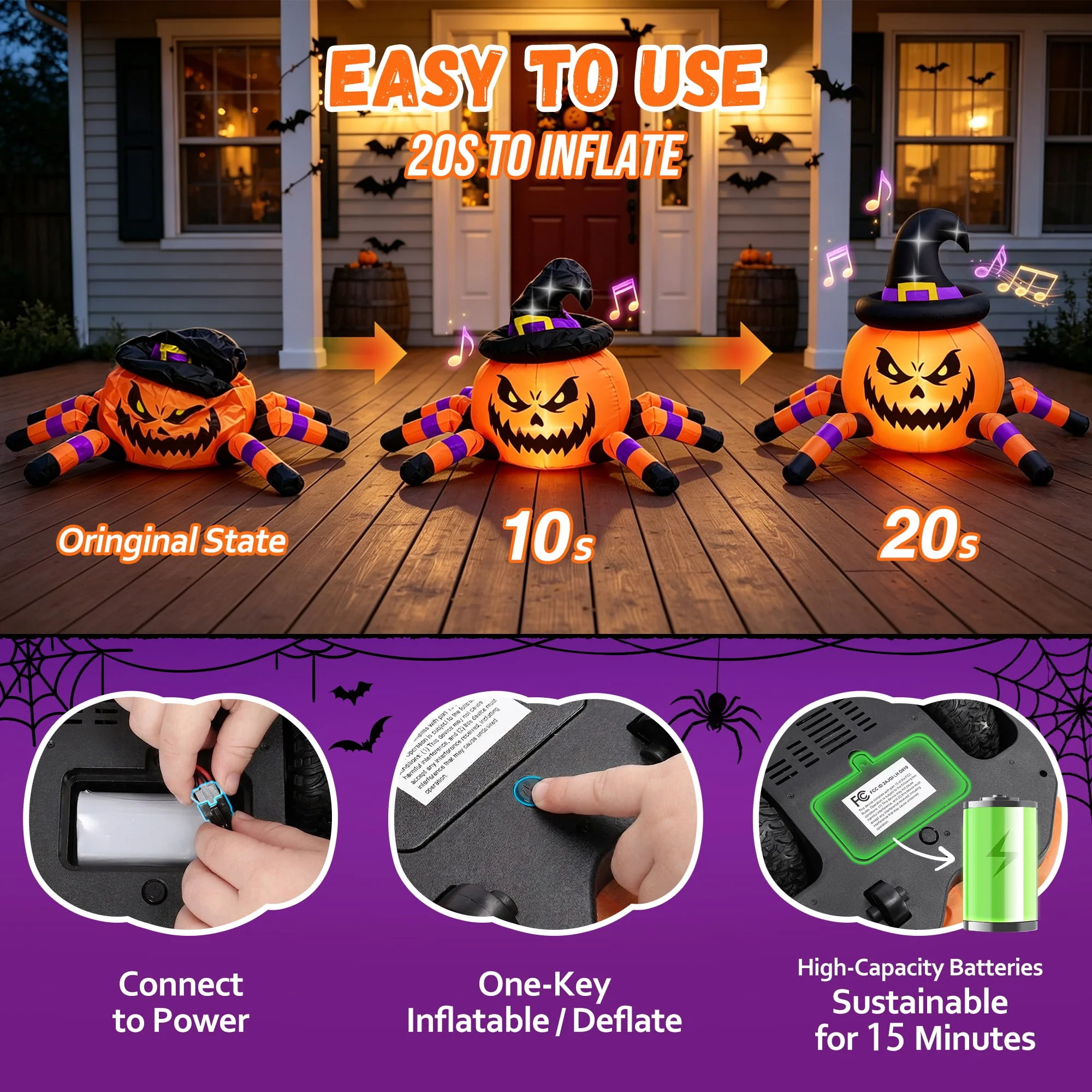 Firstness 2.4GHz Remote Control Car Halloween Inflatable Pumpkin Spider Blow ups Rc Car 360° Rotation, 3 Music and LED Lights, Aged 3+ - Image 10 Firstness 2.4GHz Remote Control Car Halloween Inflatable Pumpkin Spider Blow ups Rc Car 360° Rotation, 3 Music and LED Lights, Aged 3+ - Image 10