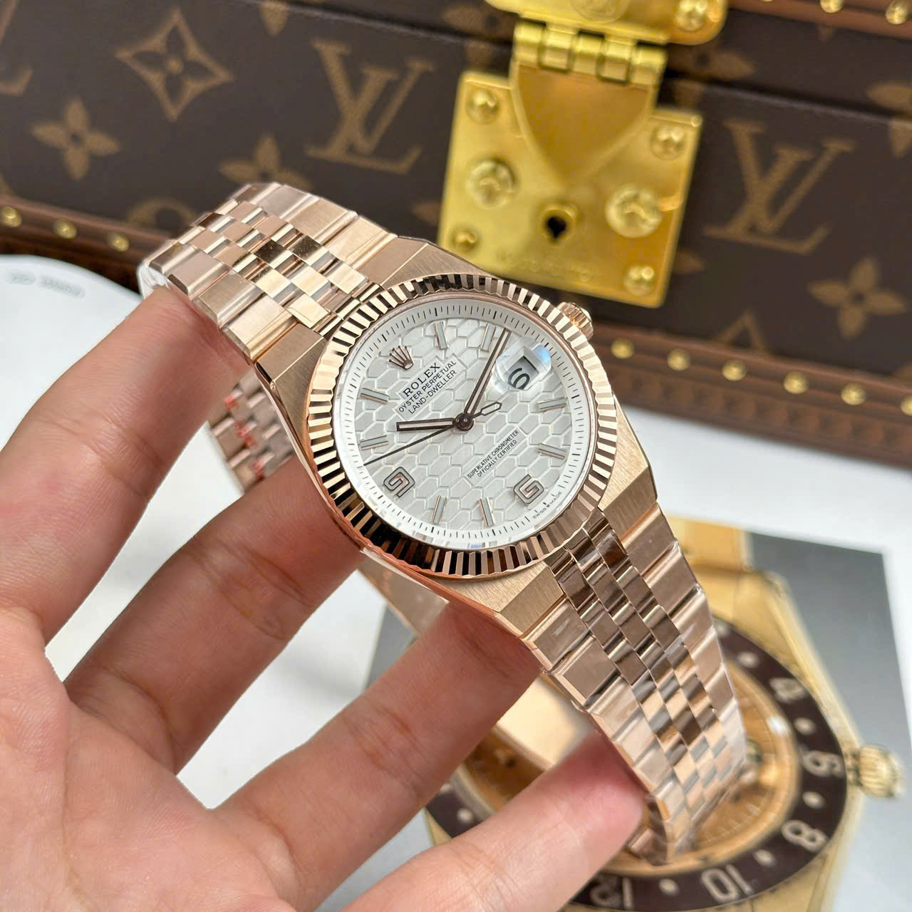Rolex Land-Dweller 127235 Rose Gold Honeycomb Motif Dial Luxury Fake Watches 40mm - Elite Watch Atelier