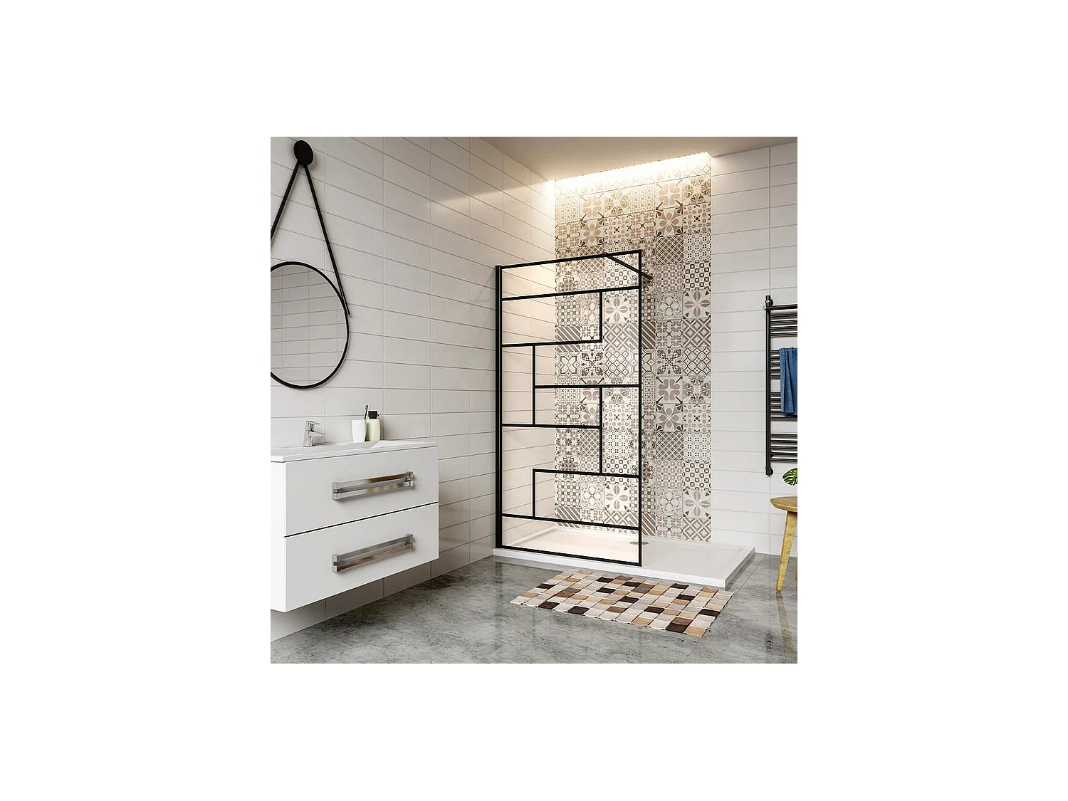 Paroi de douche 120x200cm fixe à l'italienne avec barre de fixation noire 90cm, en 8mm verre anticalcaire style moderne