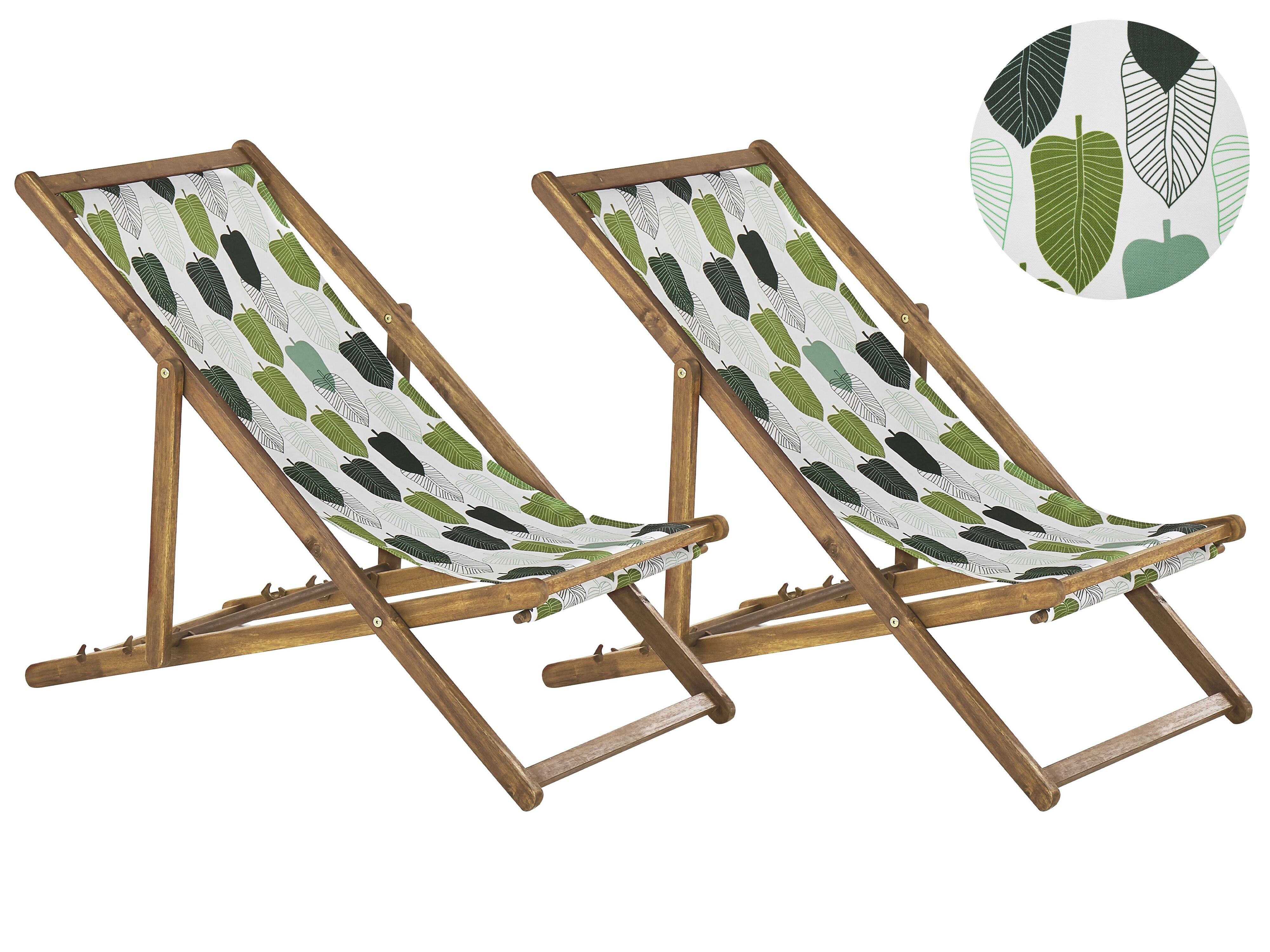 Set of 2 Folding Deck Chairs ANZIO with Replacement Fabrics Floral Motif Acacia Wood Light Brown