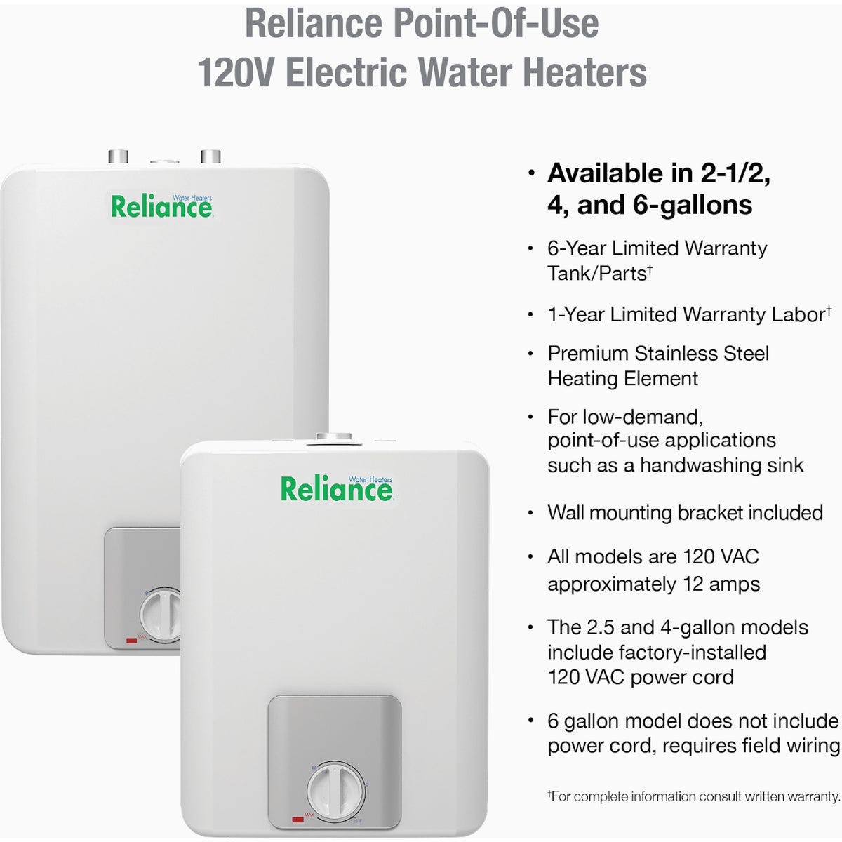 Reliance 2.5 Gal. 6 Year 1440-Watt Element Point-of-Use Electric Water Heater
