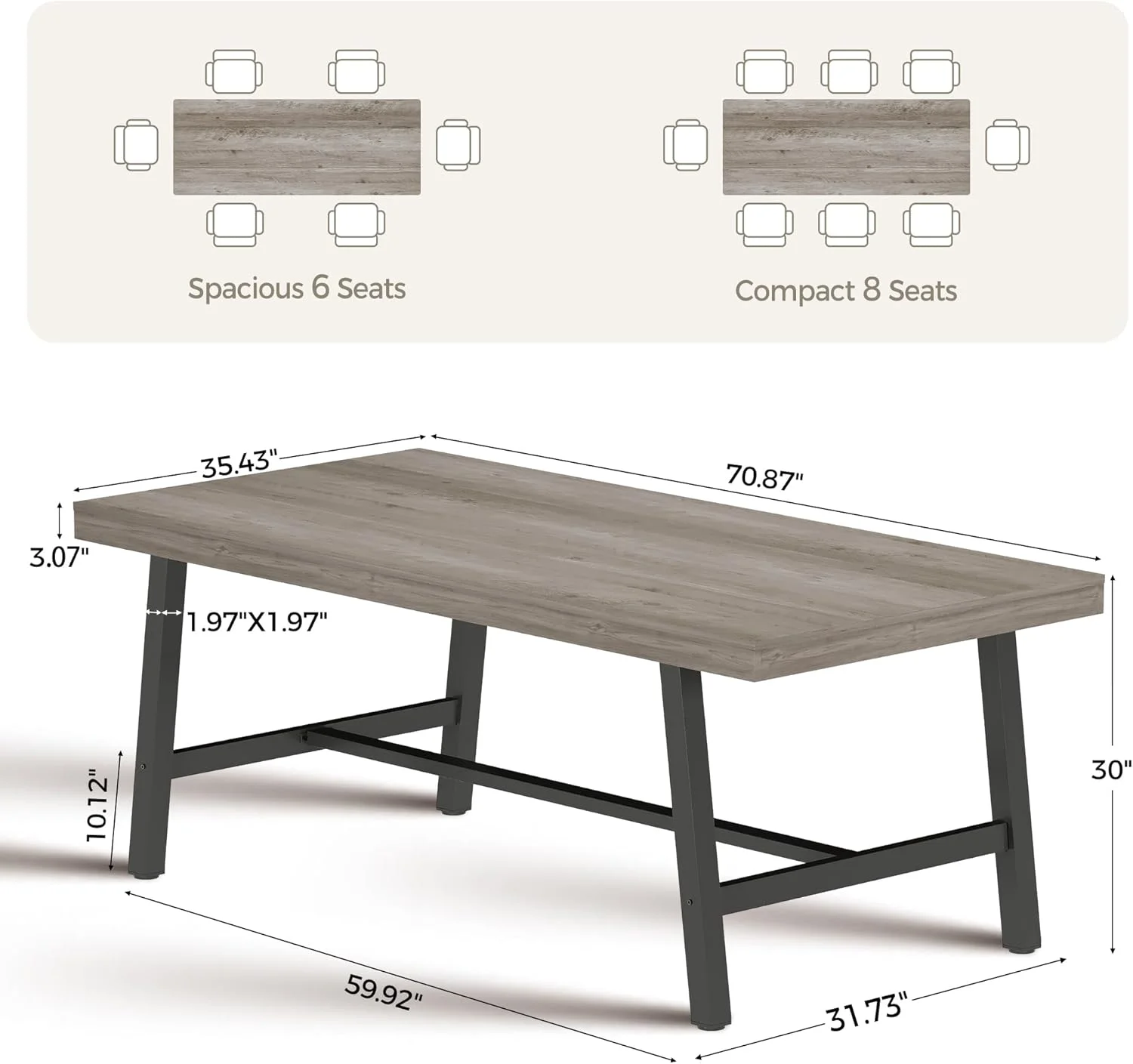 70 Inch Farmhouse Dining Table for 6 to 8, Large Rectangular Dinner Table for Dining Room, Home Office, Living Room, Gray