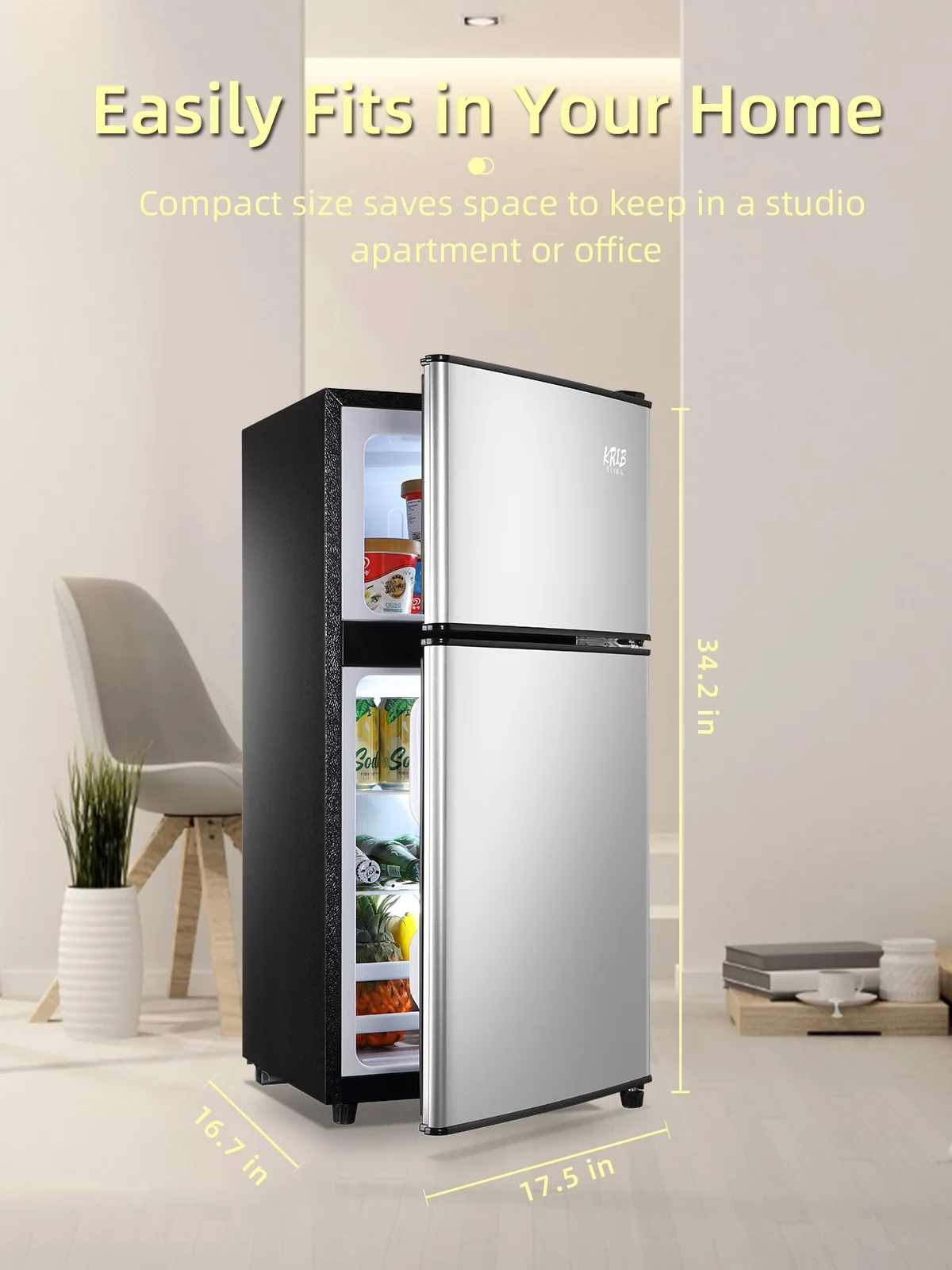 Krib B Compact Refrigerator 3.5 Cu.ft, Mini Fridge with Freezer, Modern Fridge with Dual Door, 7 Grade Temperature Adjustment, Silver - Image 8