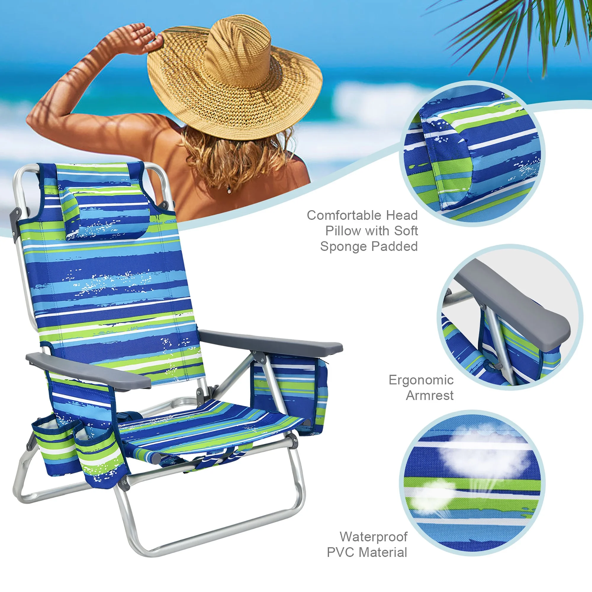 Costway 2-Pack Folding Backpack Beach Chair Table Set 5-Position Outdoor Reclining Chair Pink - Image 30
