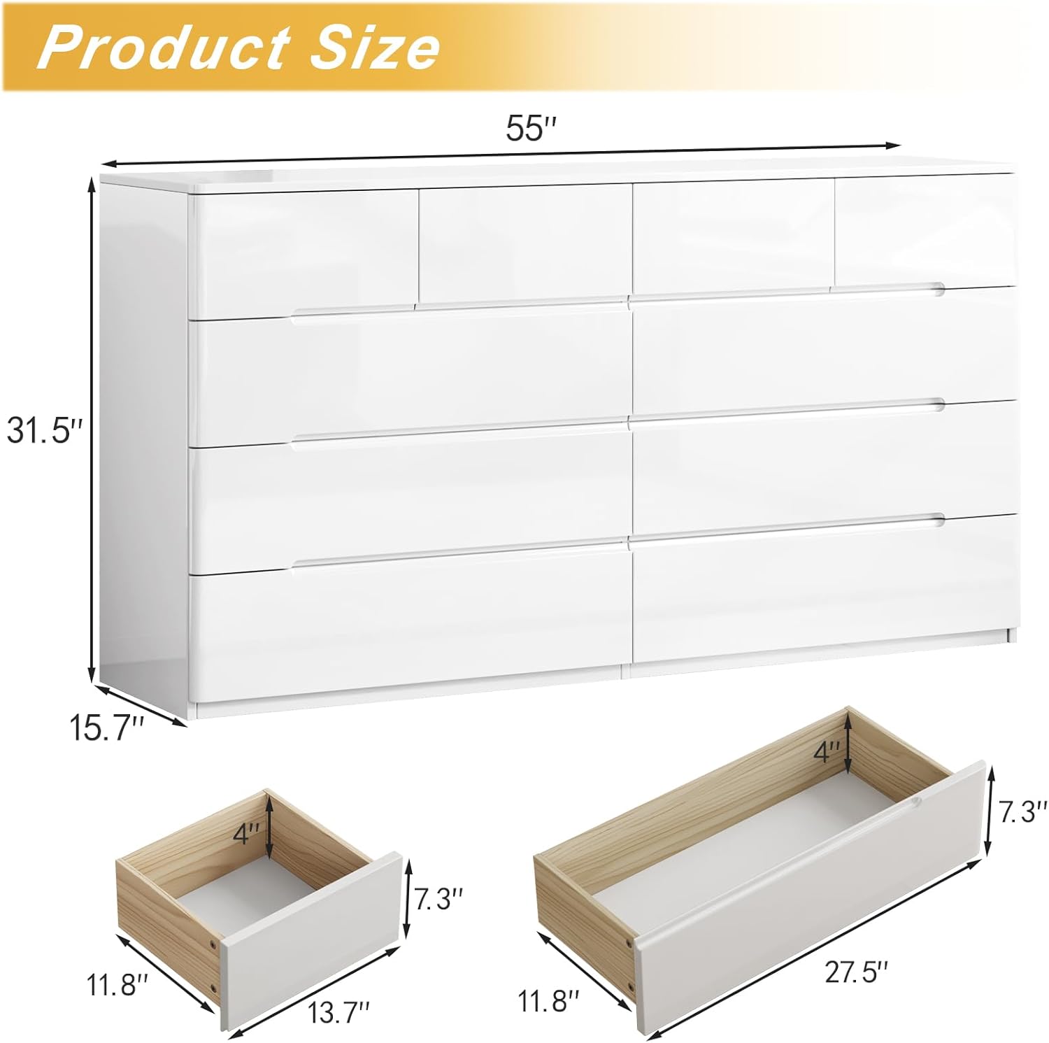 10 Drawer White Dresser for Bedroom, 55