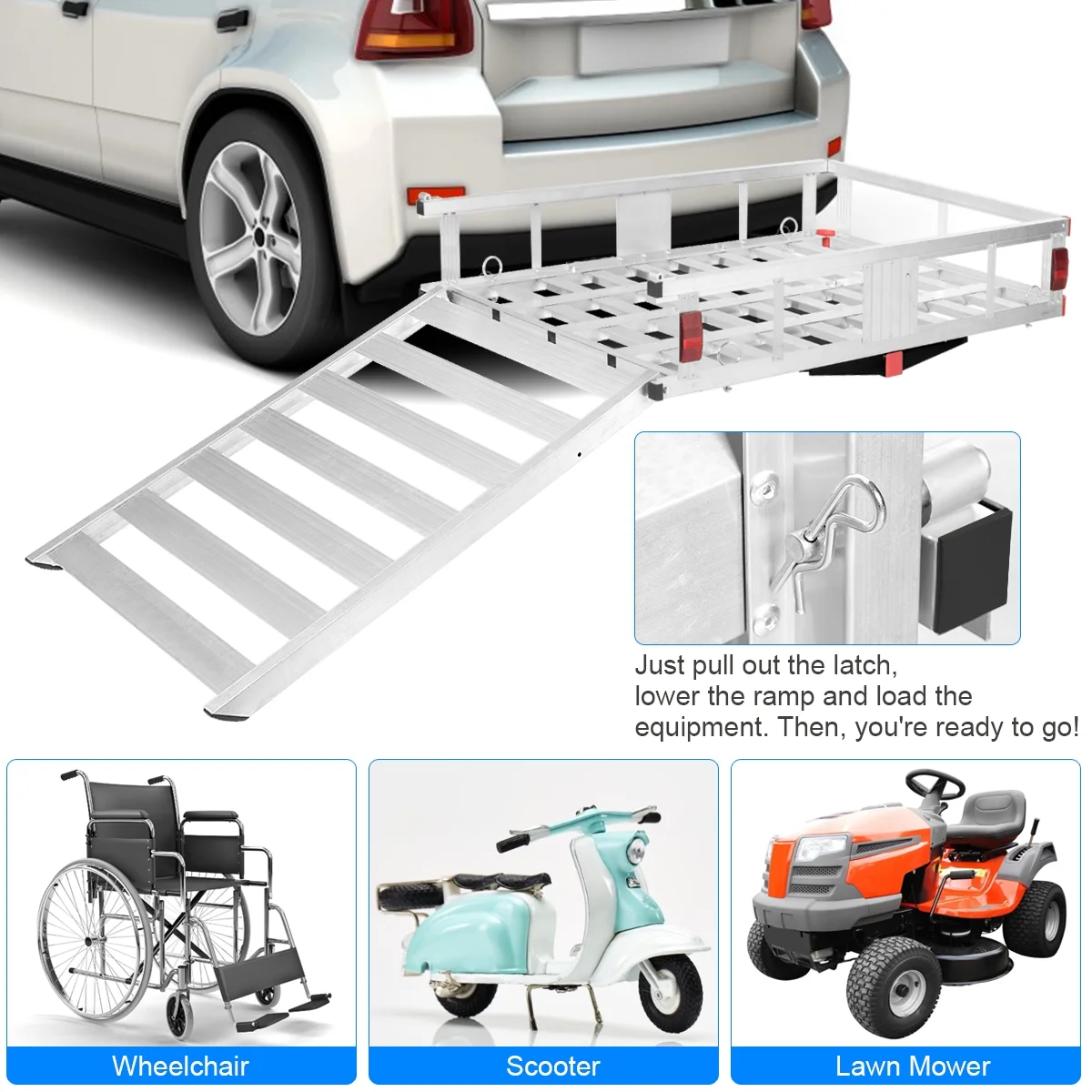 Costway 50'' x 29.5'' Aluminum Cargo Carrier with Ramp Hitch-Mounted Mobility Carrier Hauler - Image 4