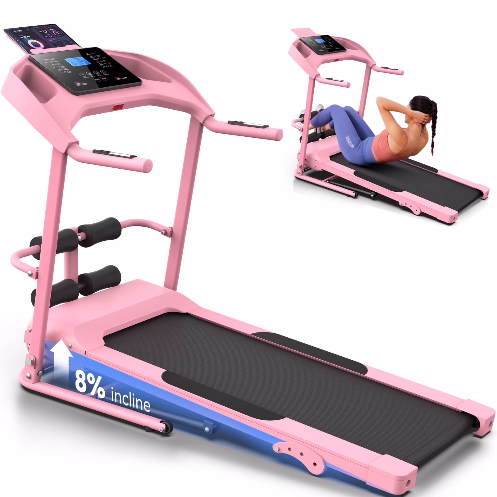 Treadmill with 8% Incline, 3.0 HP Foldable Compact Treadmill with Sit-up Function, 300 lbs Walking Running Treadmill with LCD Display for Exercise, 12 Programs