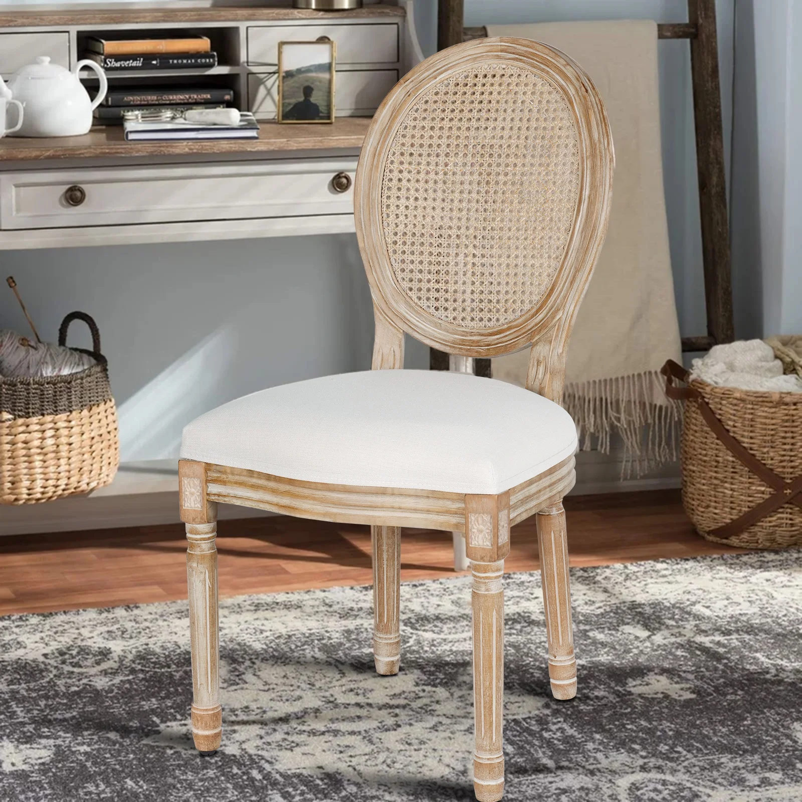 French Dining Chairs Set of 2 Beige Natural Fabric Round Back with Solid Wood Legs and Frame for Bedroom Dining Room Kitchen - Image 23