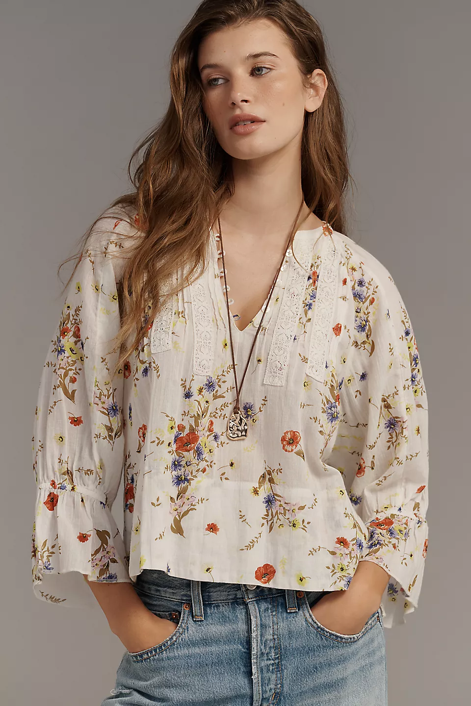 Trina Pintuck Long-Sleeve Swing Top - Ivory Floral