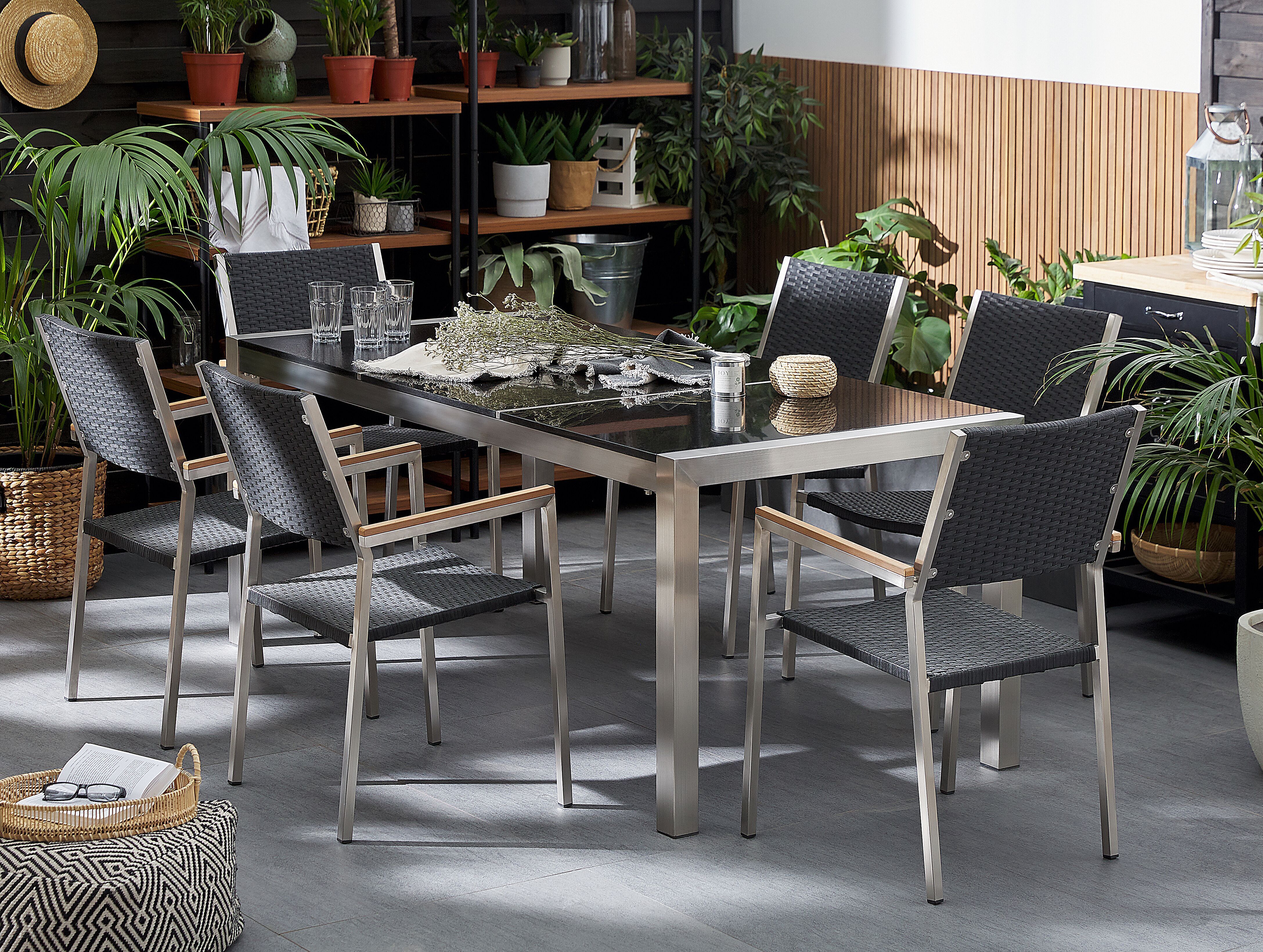 Garden Dining Set 6 Seater GROSSETO Triple Plate Granite Polished Black