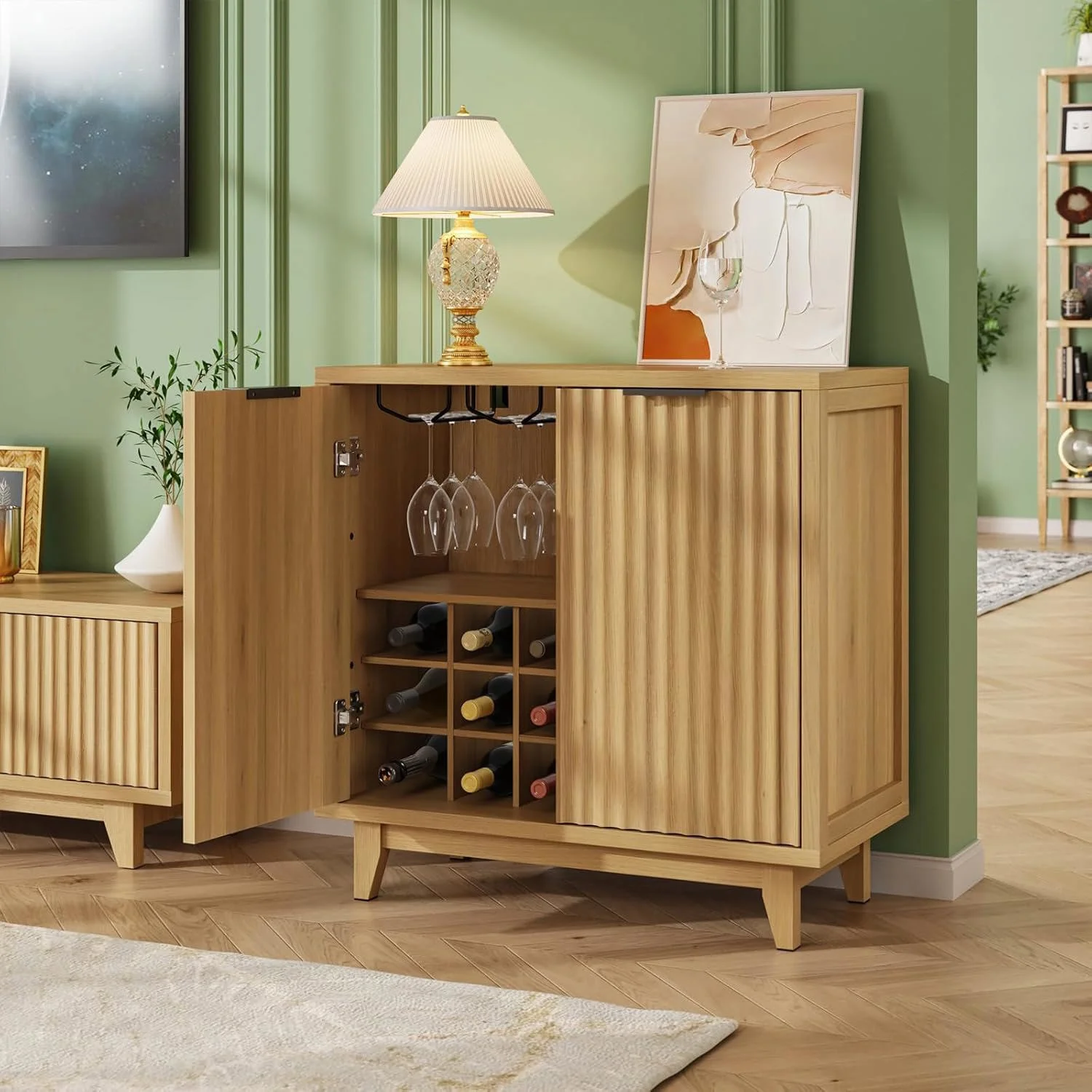 VEANERWOOD Wine Bar Cabinet with 2 Door Fluted Texture, Kitchen Sideboard Buffet with Wine Rack&Glass Holder for Living Room